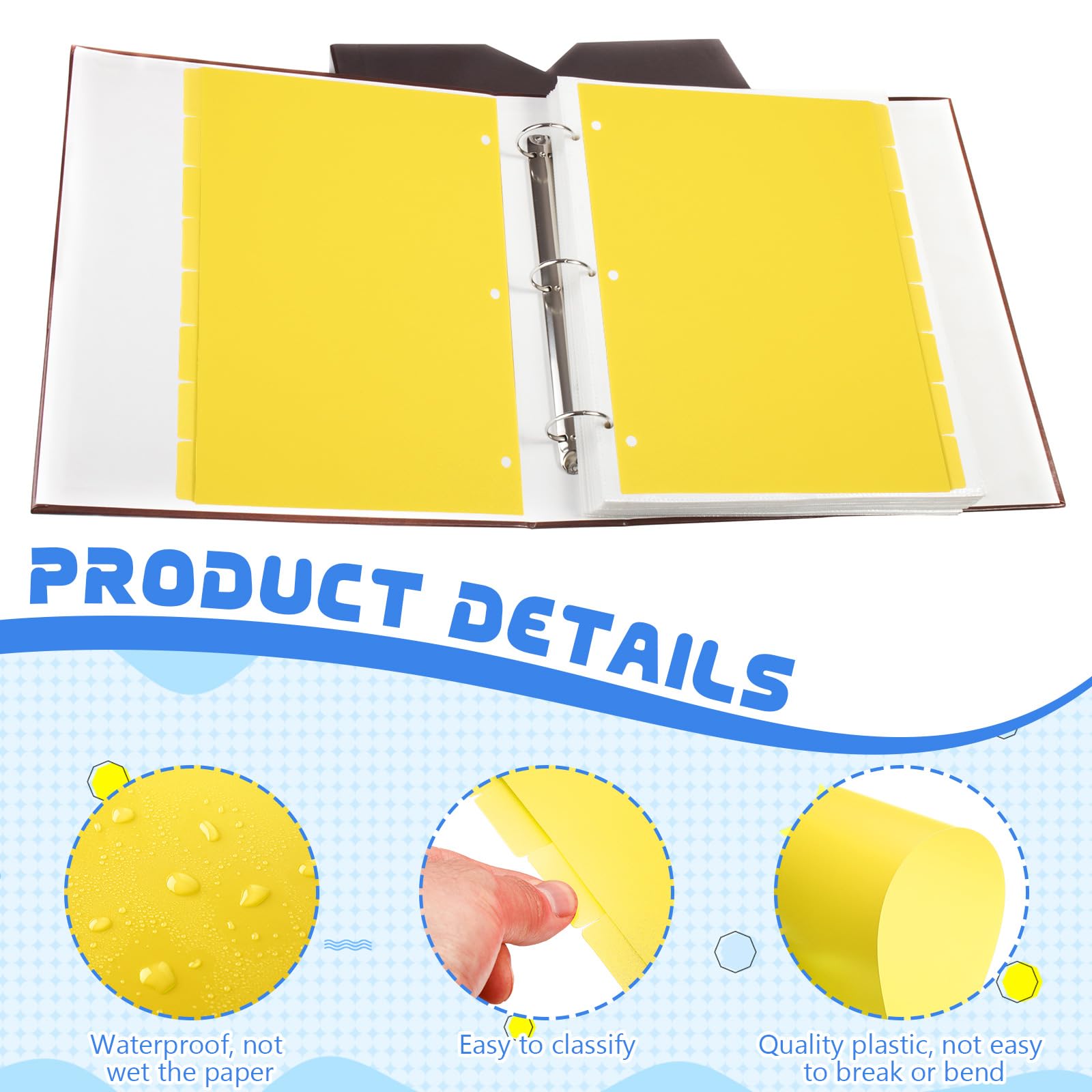 6 set di 8 divisori gialli per raccoglitori a 3 anelli, 21 x 28 cm, divisori con 3 fori, divisori per pagine perforati, robusti divisori per la scuola (giallo)