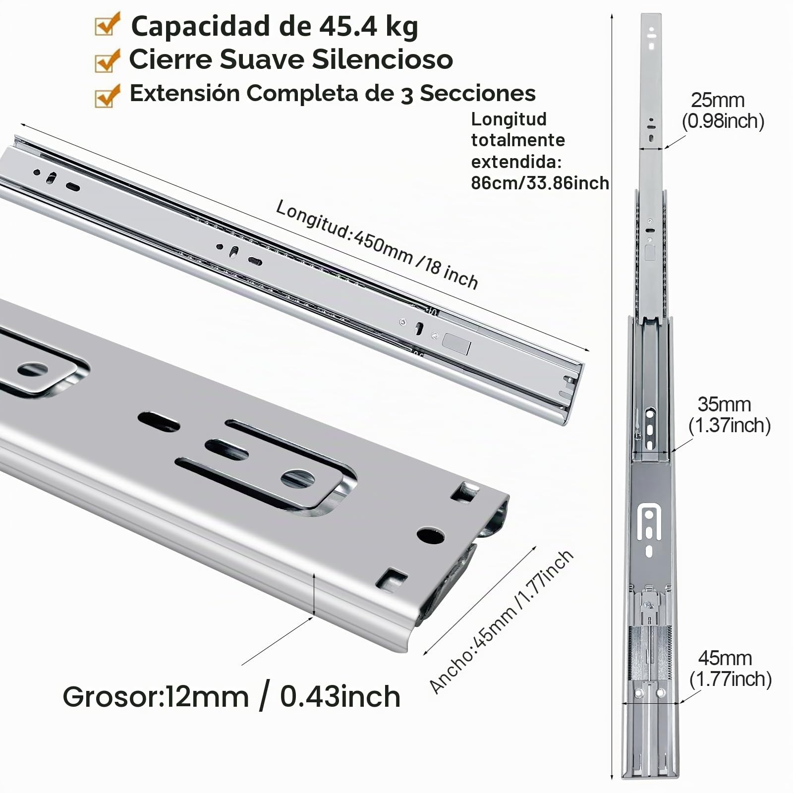 guias correderas para cajones 4 pares (8 piezas), 45 cm Guías para cajones de cierre automático suave, extensión completa con guías con rodamiento de bolas
