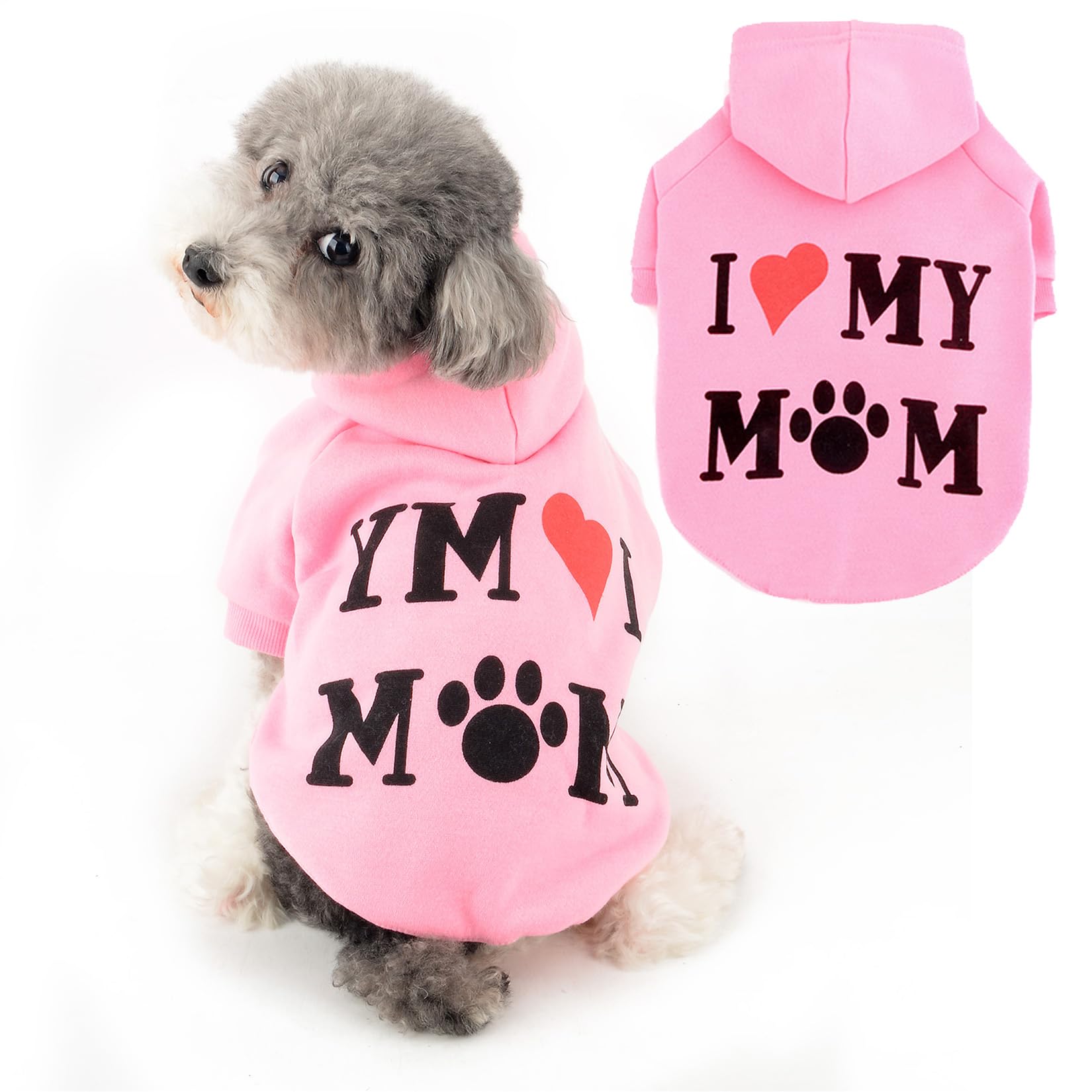 Ranphy Dog Hoodies for Small Dog Girls Boy Pet Jumper with Letter "I Love My Mom" Puppy Sweatshirt Hooded with Leash Hole Autumn Spring Pullover Mother Day Thanksgiving Day Cat Sweater, Pink, M