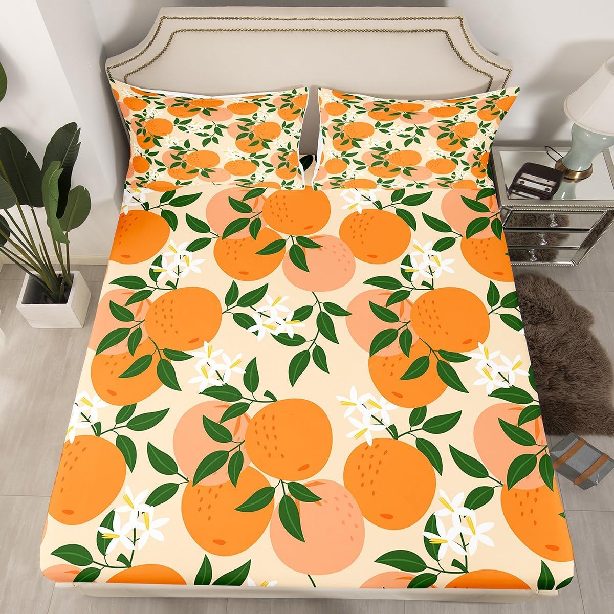 Feelyou Cartoon Orange Fitted Sheet Fresh Oranges Bed Sheets for Kids Boys Girls Cartoon Citrus Fruit Bedding Set Fruit Style Sheets Set Bedroom Collection 3Pcs Queen Size,No Flat Sheet