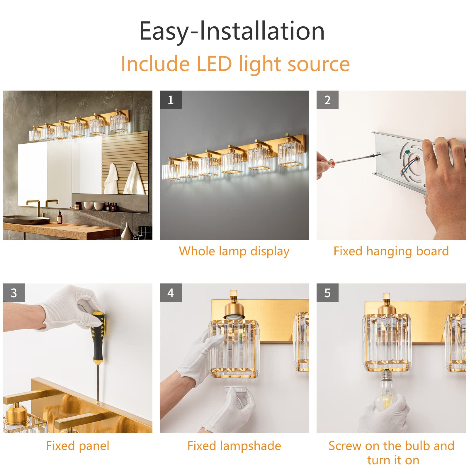 FDPBY Modern 6-Light Gold Brushed Brass Finish Crystal Wall