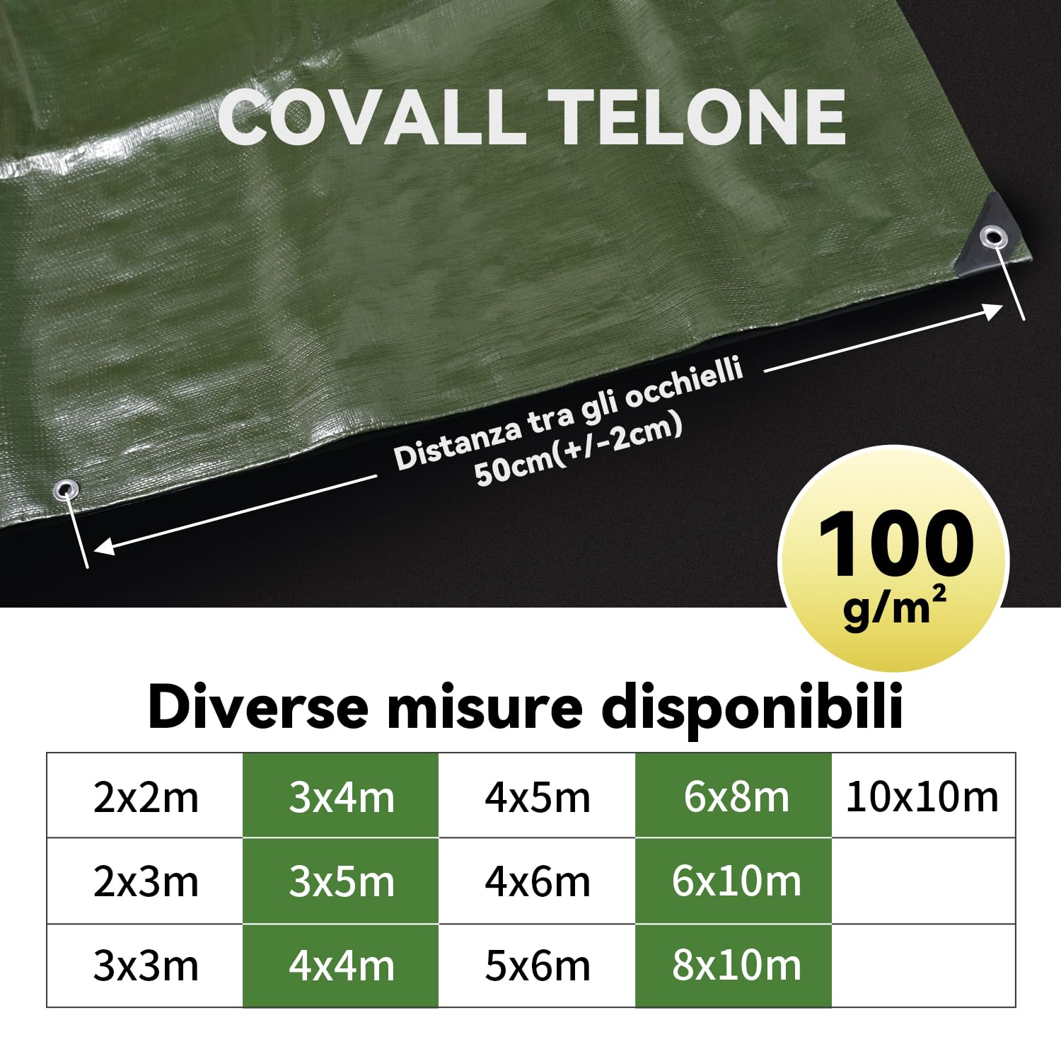 Telo Telone Teloni impermeabile 100g/m² Medio 3x3m Consolida fori di saldatura a secco Multiuso Resistenza a strappo tenda UV telone tetto barca camion Telone auto RV (verde)