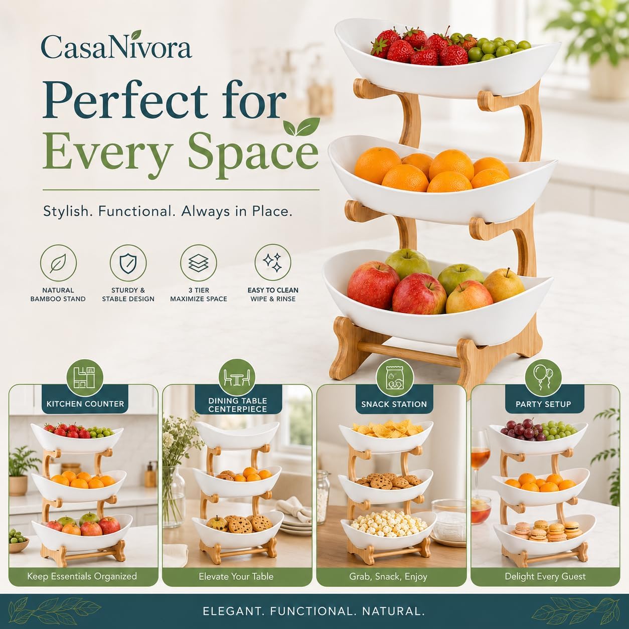 3-Tier Fruit Bowl Stand with Bamboo Frame, Large Plastic Fruit Basket Organizer for Kitchen Countertop, Tiered Produce Storage Rack for Fruits, Vegetables, Snacks, Candy, Salad, Dessert & Serving