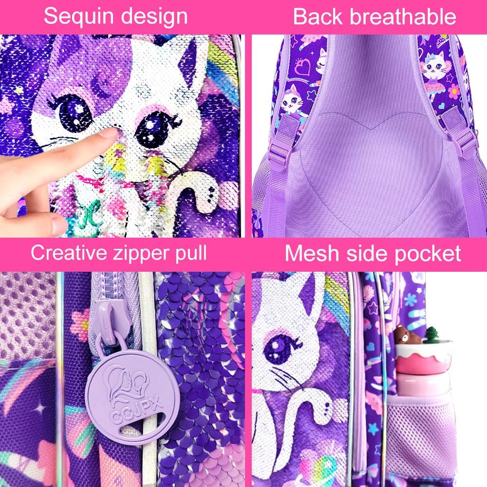 Girls Toddler Cat Backpack, Water Resistant Sequins Kindergarten Bookbag, 13" Preschool Backpacks for Little Kids - Cat Purple - Image 5