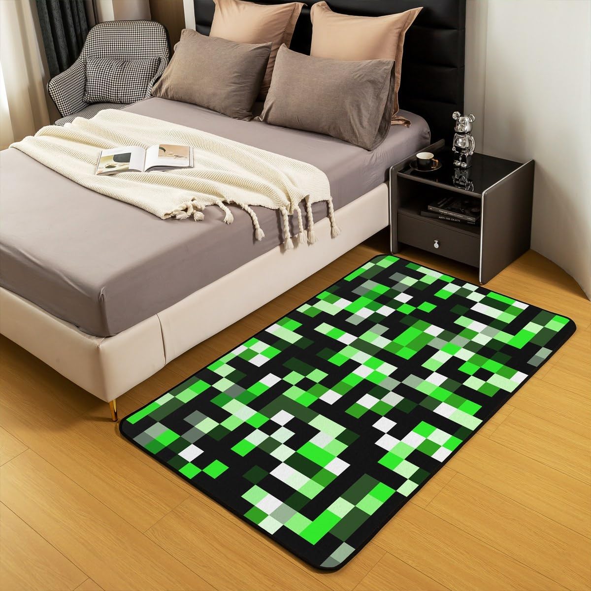 Green Pixelated Area Rugs,Miners Building Non Slip Carpet Video Games Indoor Floor Mat Entrance Rug,Modern Geometric Home Living Room Bedroom Decor,3'x5'