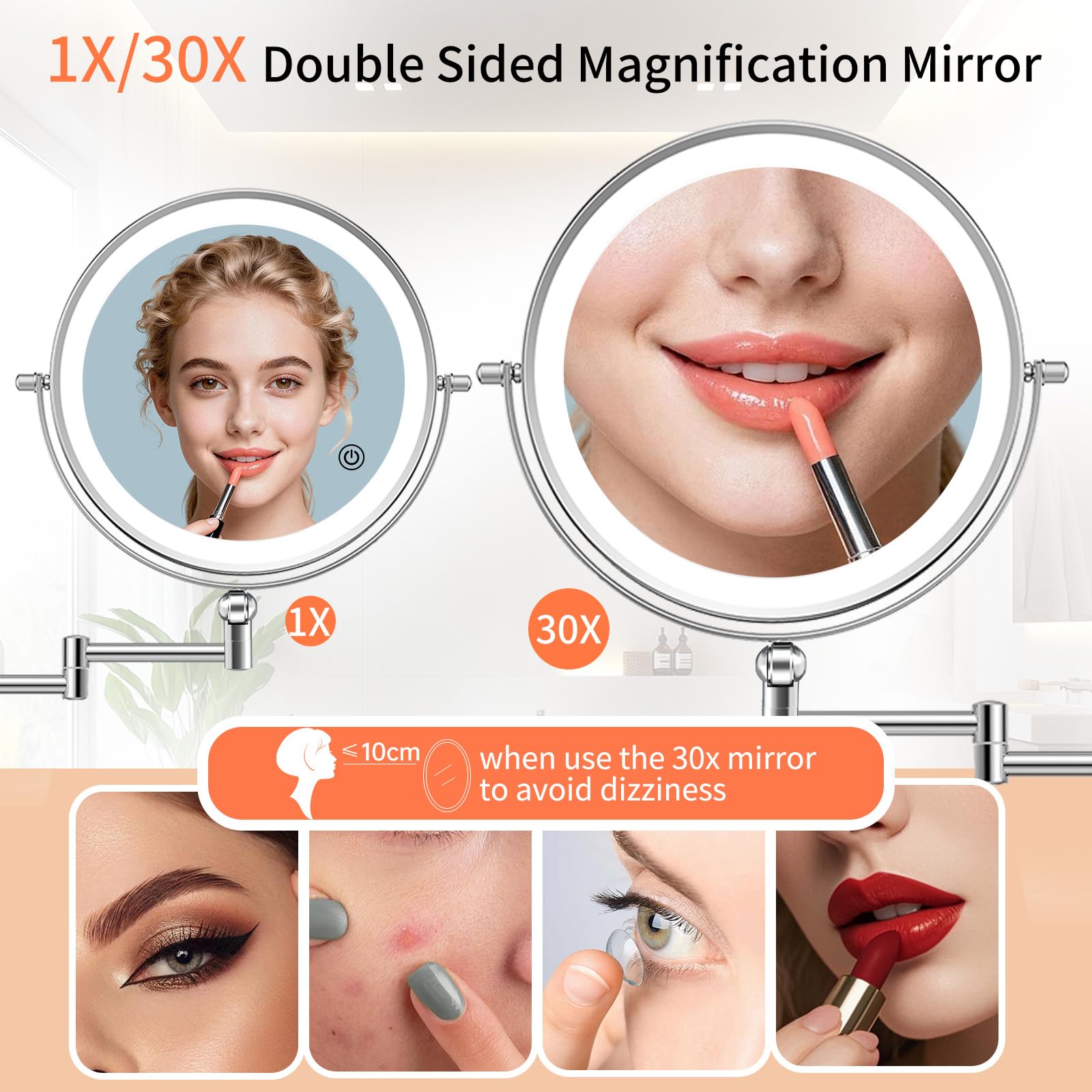 Famihomii Specchio cosmetico ricaricabile con illuminazione a LED, specchio da trucco con ingrandimento 1-10X e interruttore touch