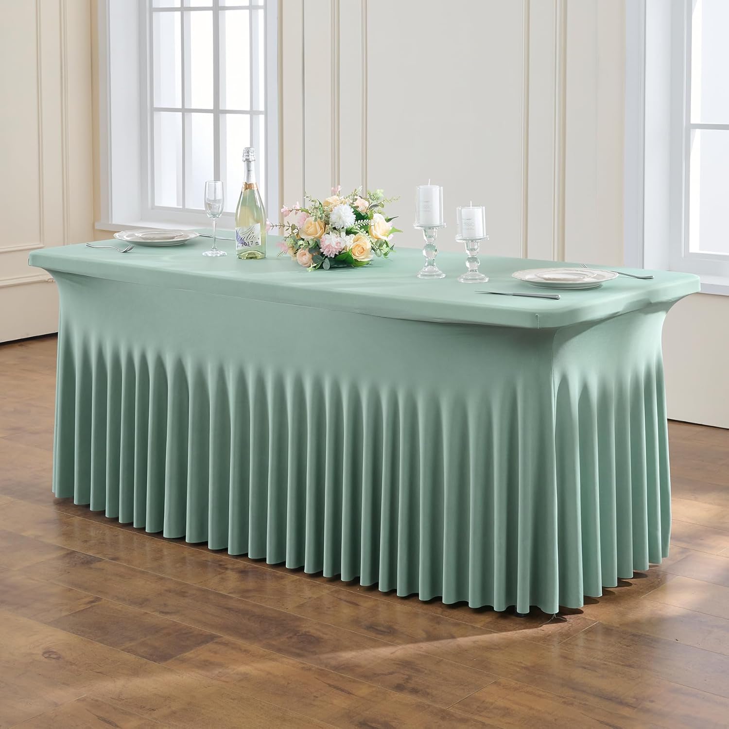 NSSONBEN 2 pk Sage Green Spandex Tablecloth for 6 Foot Rectangle Tables,Wrinkle Free Fitted Spandex Table Covers 6ft Stretch Table Cloths with Ruffle Skirt for Parties Weddings Banquet Baby Shower
