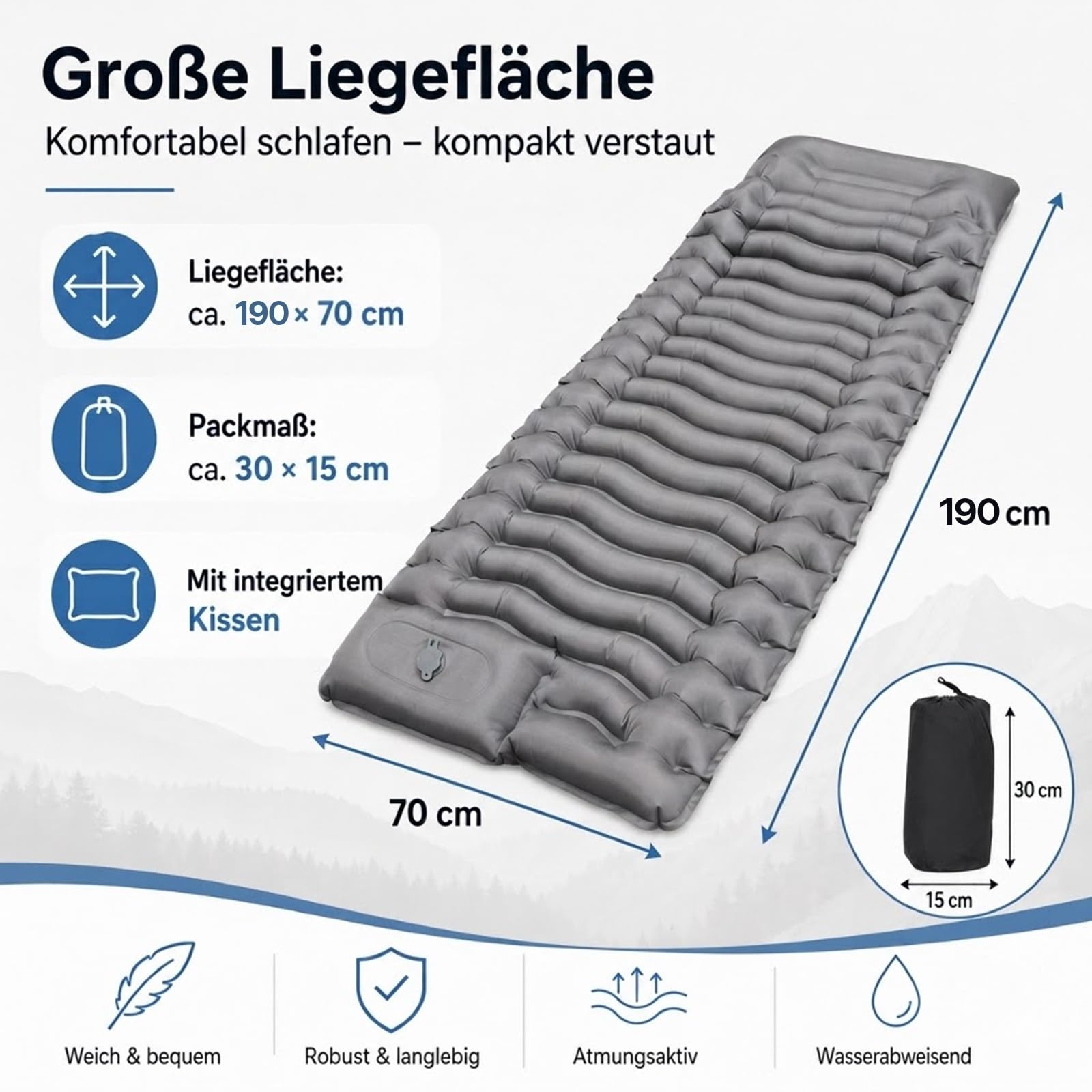 2 Stück Isomatte Camping mit Fußpumpe, 15CM Ultradicke Camping | Luftmatratze , kompakt und leicht für Wandern, Trekking, Outdoor und Strand, Grau