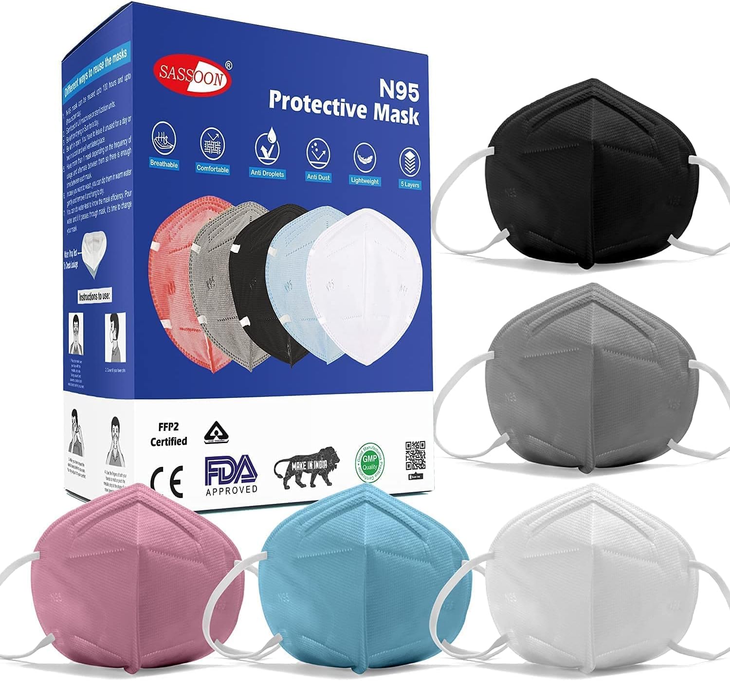BIS Approved N95 Face Mask for Men & Women (Multi, Pack of 5) - Anti Pollution Cotton Reusable & Washable Mask with 6 Layer Protection, Comfortable ear bands & adjustable nose clip