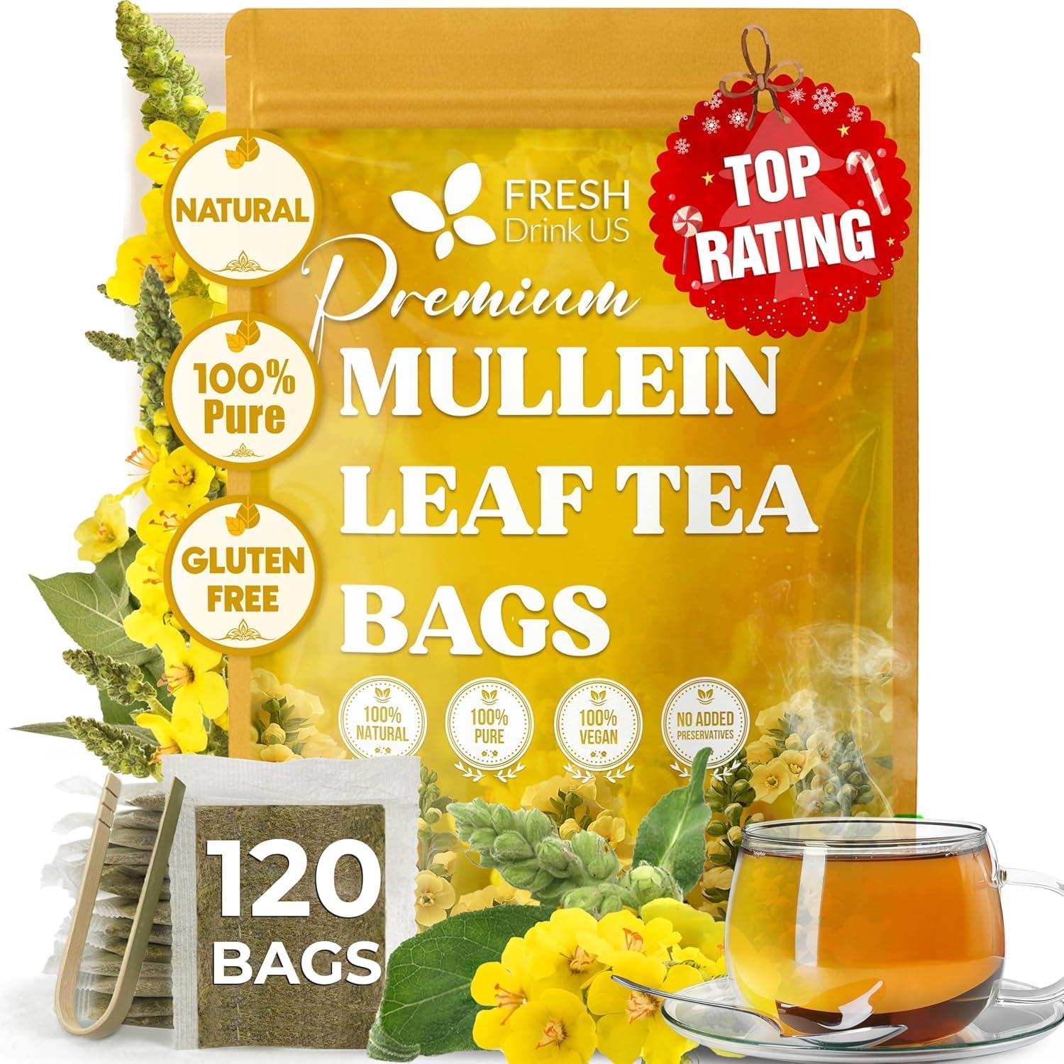 FreshDrinkUS Premium 120 Mullein Leaf Tea Bags, Lung & Immune Support, 100% Natural & Pure, No Sugar, No Caffeine, No Gluten