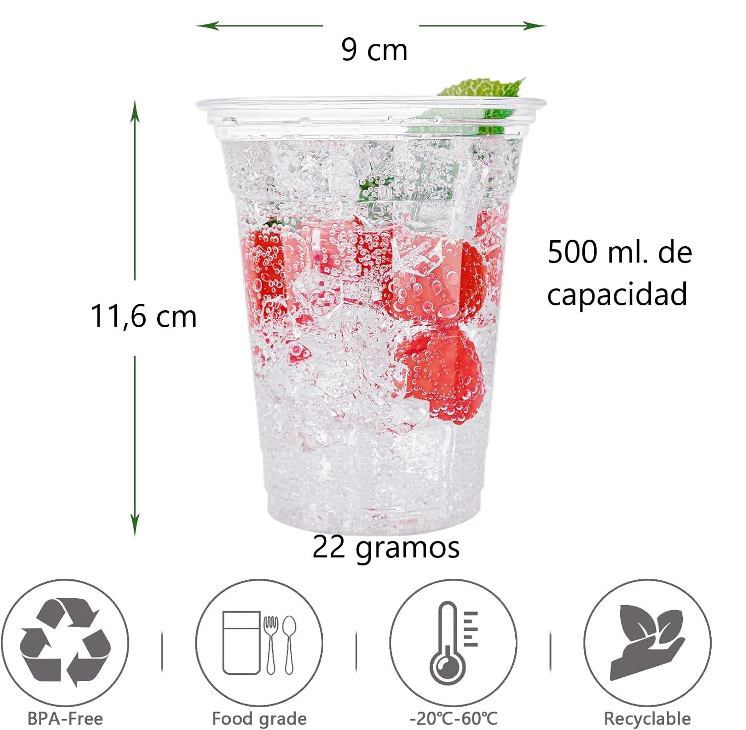 500 Vasos de Sidra 500 ML Reutilizables y Desechables - Plástico Duro Irrompible - Uso en Fiestas, Oficina o Camping - Ecológico sin BPA - Para Agua, Cocktail, Cubatas, Gin Tonic y Cerveza (500)