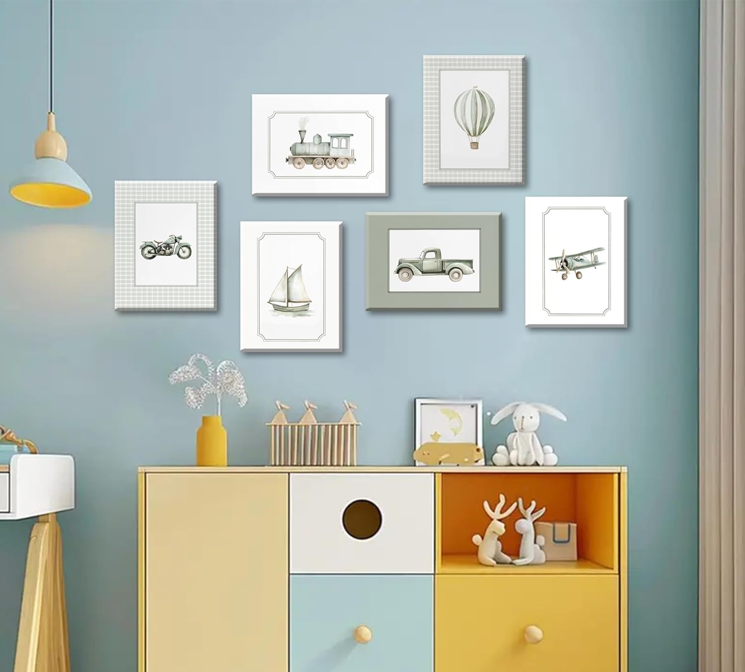 Gschupy Set of 6 Sage Green Nursery Wall Art Boys Room Canvas Poster Kids Wall Decor Vintage Vehicle Prints Baby Toddler Pictures Transportation Plane Train Painting Artwork for Bedroom 8"x10"