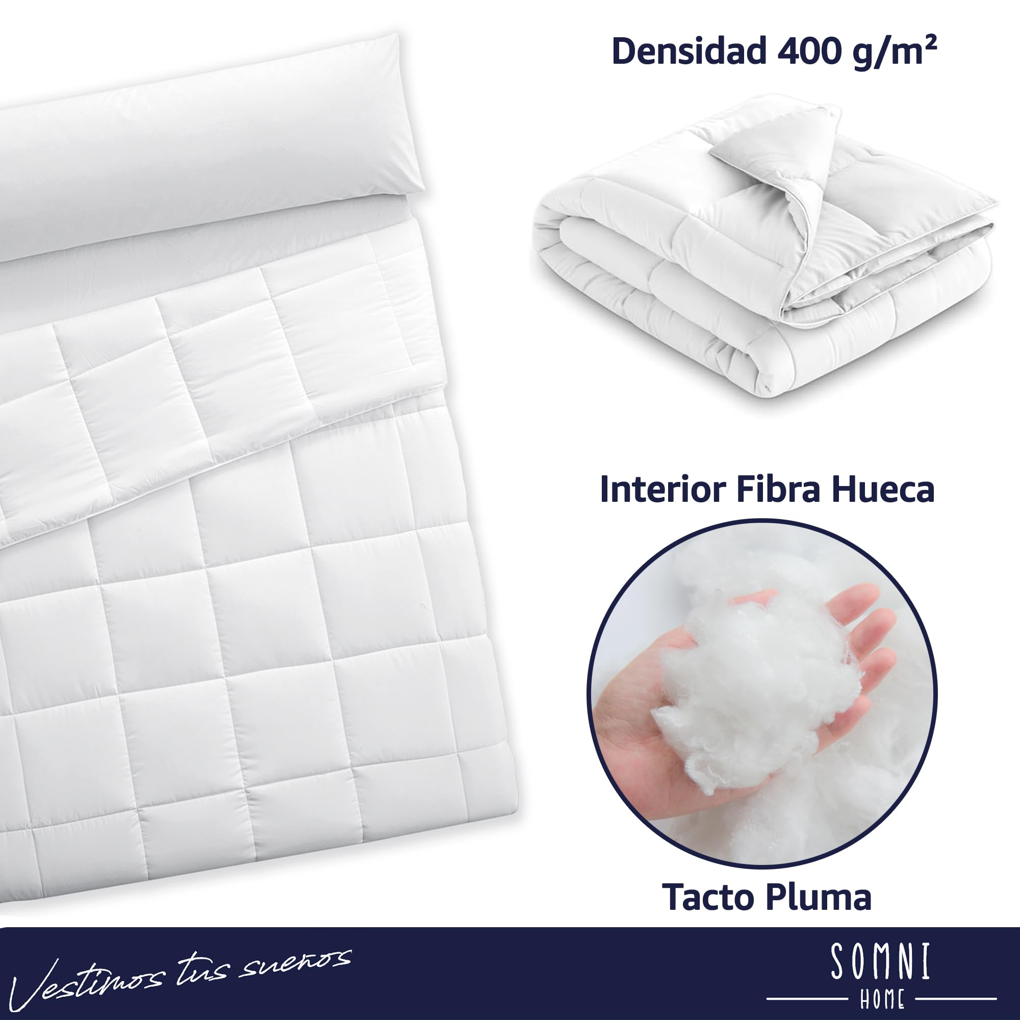 SOMNI HOME Relleno Nórdico Doble. Tacto Pluma. Blanco Acolchado Cuadros Liso. Suave Comodo Ligero. Relleno para Funda Nórdica. 400 gr. 220x220 cm Cama 135 cm