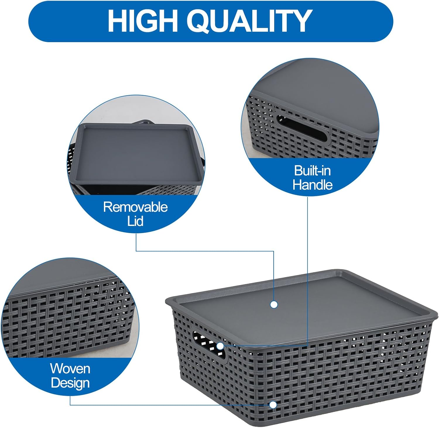 6 Pack Plastic Basket with Lid, Grey Stackable Baskets for Organizing, 14" X 11.7" X 5.35"