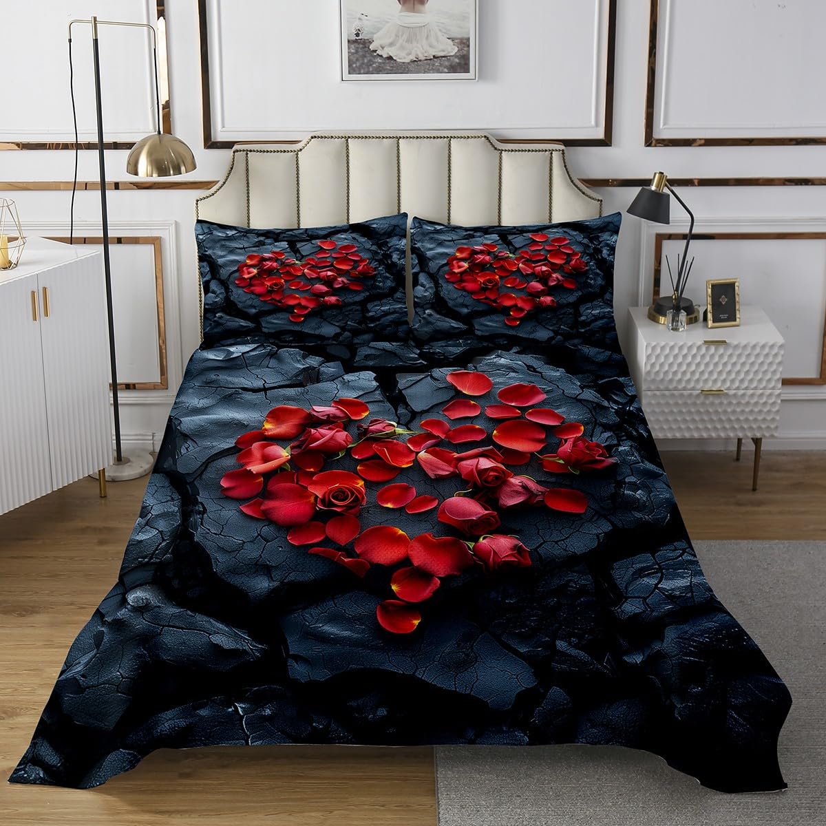 Valentine's Day Bedspread for Kids Boys,Romantic Red Rose Flowers Print Coverlet Set Bedroom Decor Soft Quilted,Floral Stone Pattern Couple Gift Quilt Set with 1 Pillow Sham, Twin Size