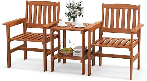 Tangkula Juego de 3 piezas de conversación de patio, asiento de conversación de madera al aire libre con mesa y agujero para paraguas, juego de 3