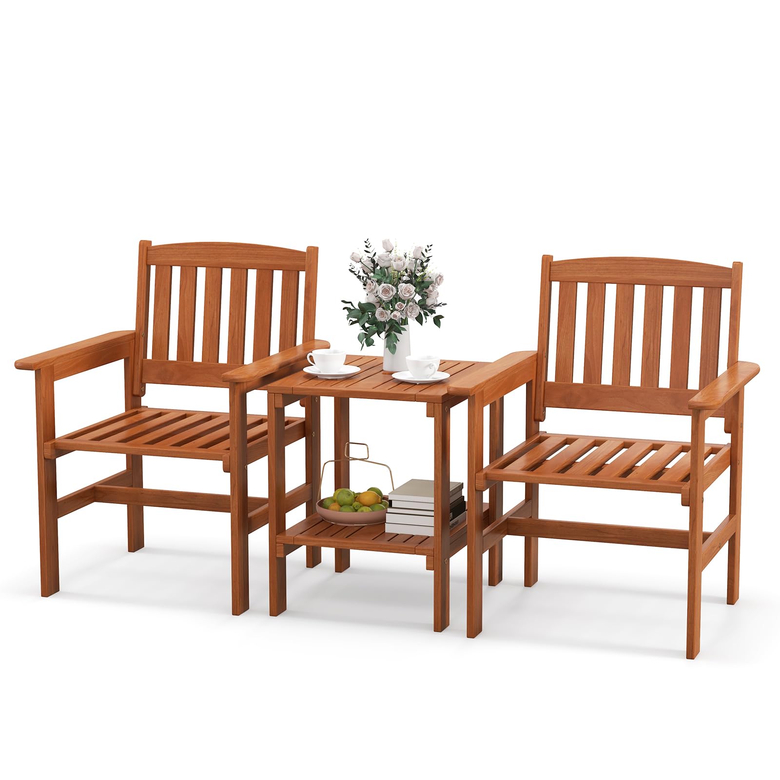 COSTWAY Set di 3 Pezzi da Giardino, Tavolino e 2 Sedie da Patio in Legno, con Foro per Ombrellone, Set di Mobili da Esterno a 3 Pezzi per Giardino, Tavolino Portato 35 kg, Sedia Portata 120 kg