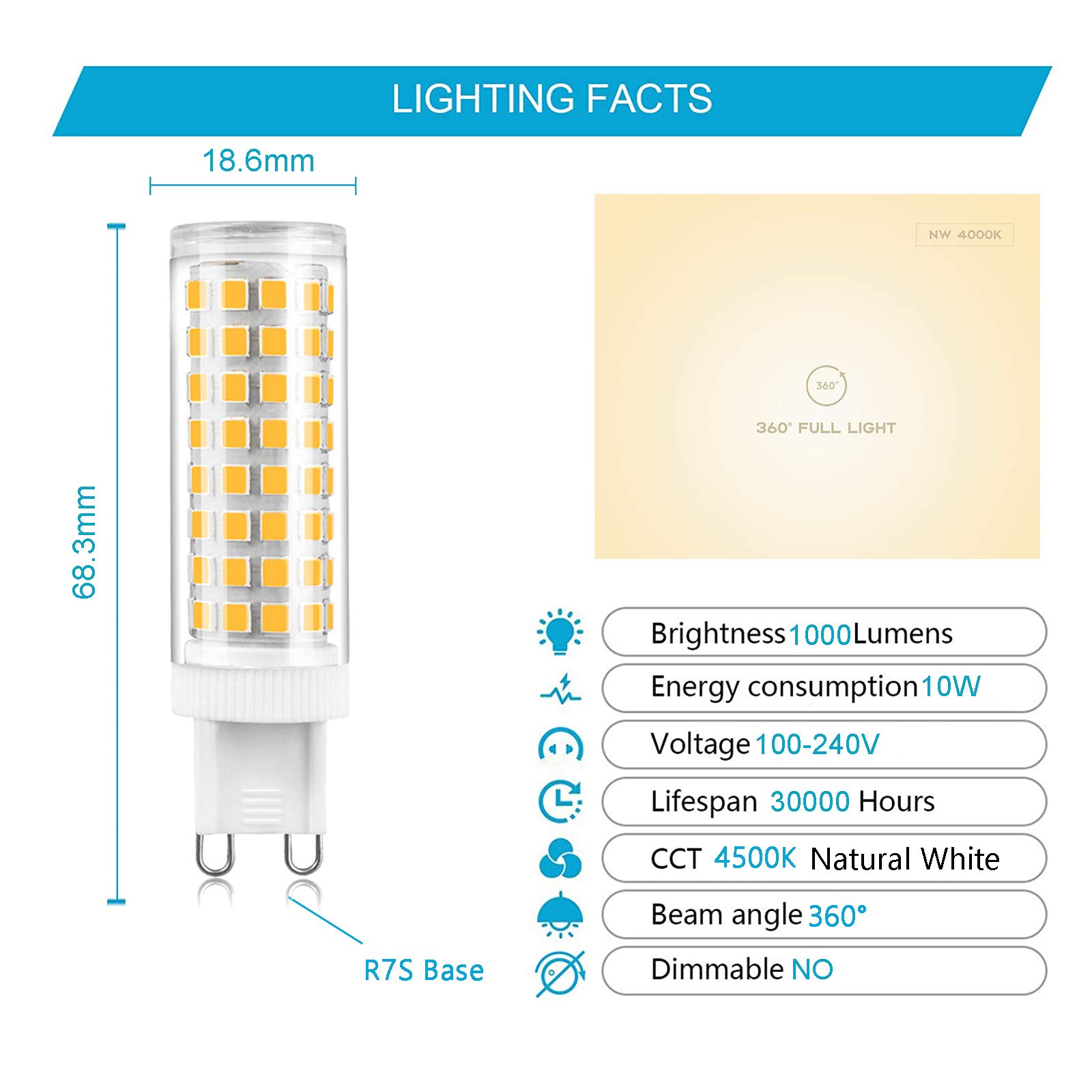 Żarówka LED, żarówka LED G9, 10 W odpowiednik 100 W G9 Halogen, 1000 LM, naturalna biel 4000K, nie regulowana, kąt 360 stopni, AC100-240V Opakowanie 4