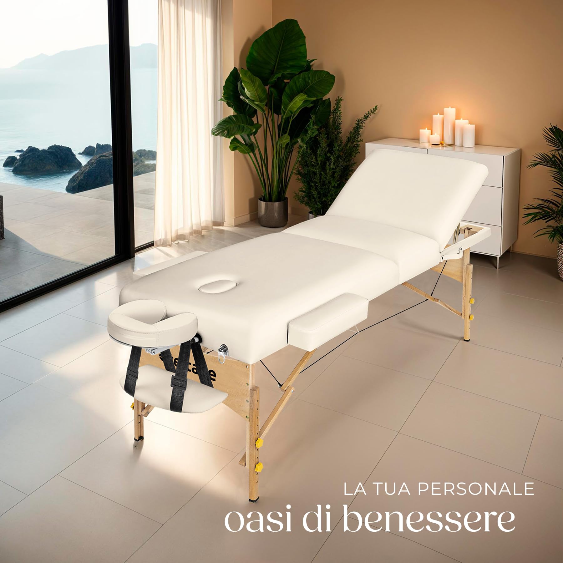 tectake® Lettino Massaggio portatile, Morbida Imbottitura, Poggiatesta, letto pieghevole, Legno, lettino estetista, fisioterapia, Lettino Tattoo - Beige
