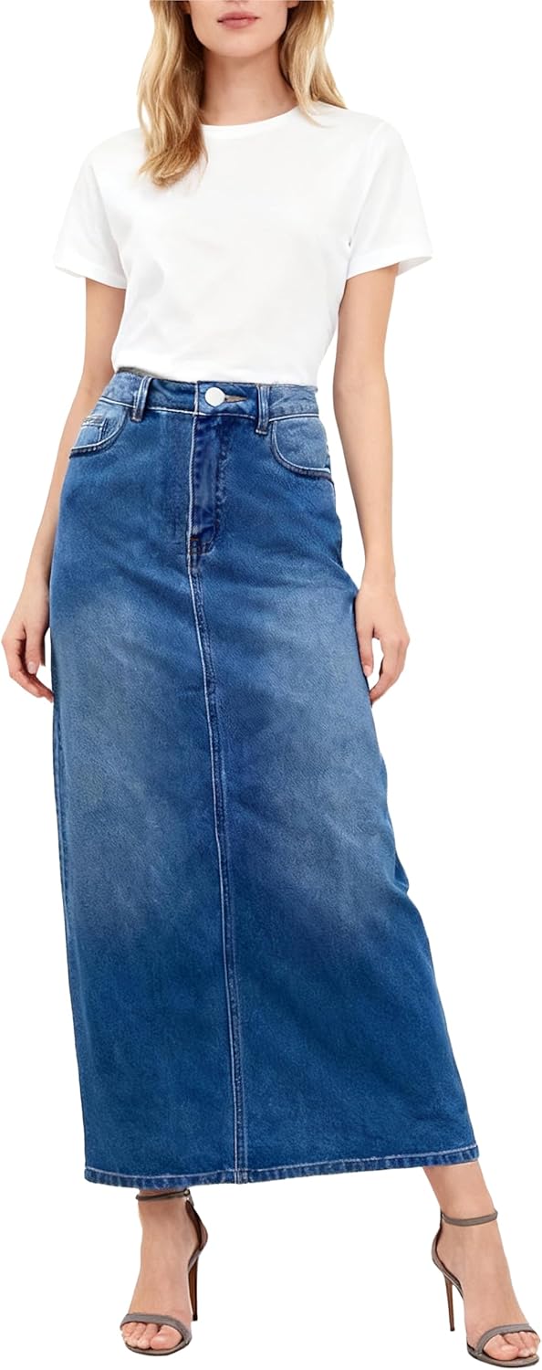 Women's Stretch Denim Maxi Skirt straightline with Back Split,Long Pencil Skirt
