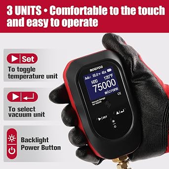 Digital Vacuum Gauge, Micron Vacuum Gauge Tester with 11 Units | 7/16 inch-20 UNF, HVAC 0-75000 Microns Rang, including 1/4 SAE Fitting and T-Connector