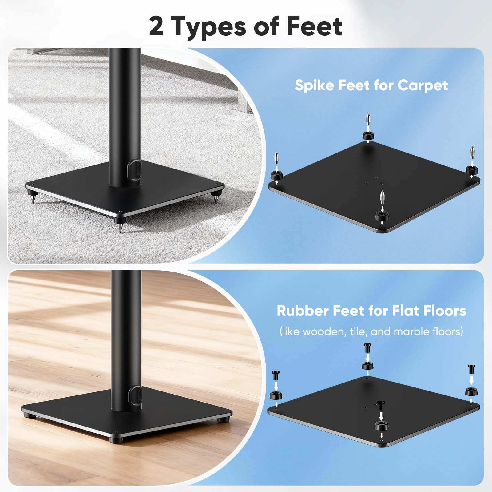 Soportes para Altavoces, Juego de 2 Soportes universales de Suelo para Altavoces de Sonido Envolvente, Altura Ajustable, Capacidad de 15 kg Cada uno, gestión de Cables, fácil Montaje, Antideslizantes
