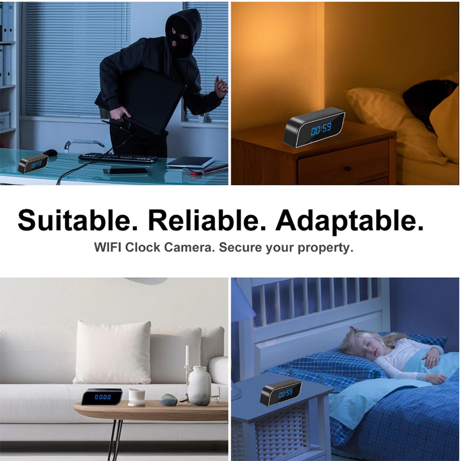 VBESTLIFE Orologio per Telecamera di Sicurezza, Orologio per Telecamera WiFi FHD, di Sicurezza Wireless per Interni con Display Dell'ora a LED, Visione Notturna, Rilevamento del