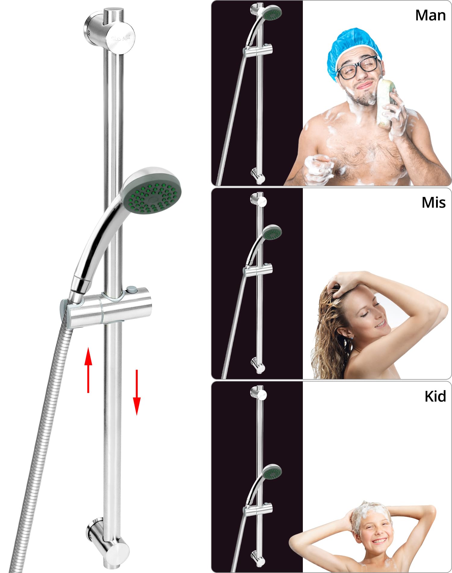 QWORK® 80 cm Barre de Douche avec Support Pommeau de Douche - Acier Inoxydable SUS 304 - Finition Brossée - Trous de Fixation Réglables