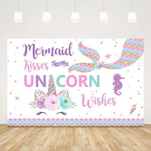 Ticuenicoa 5x3ft Mermaid Kisses Unicorn Wishes Backdrop Mermaid Tail Unicorn Birthday Party Photography Background Magical Baby Shower Party Decoration Cake Table Banner Photo Booth Props