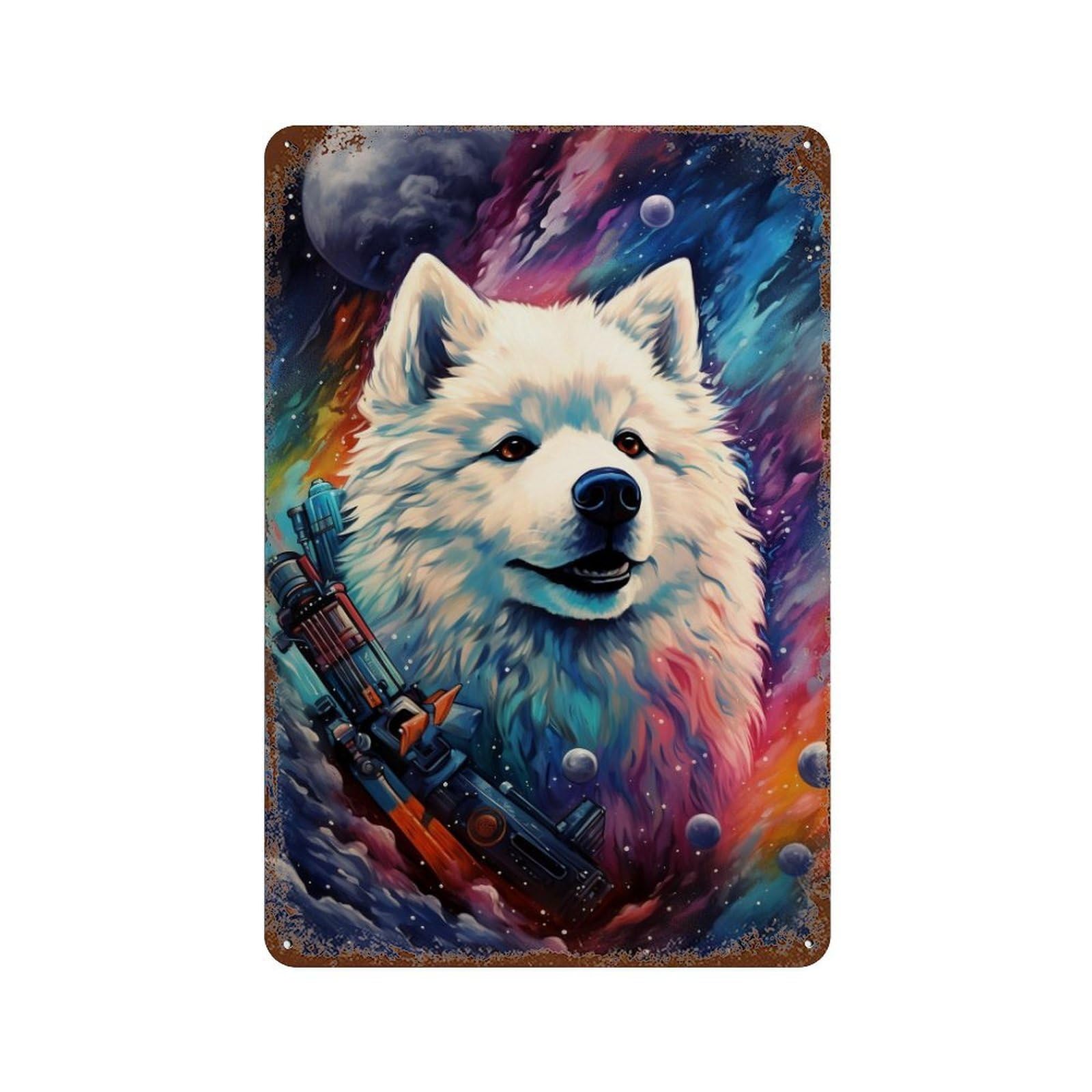 Rust Effect Cosmic Wolf with Spaceship Retro Metal Sign 11.8"x7.9", Novelty Wall Decor for Bistro, Counter And Cafe Decor