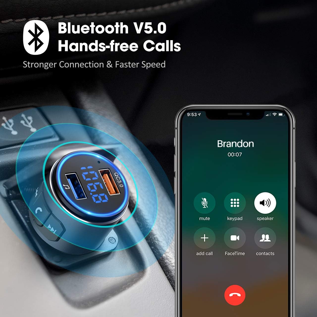 Virfine Bluetooth FM Transmitter Car, V5.0 Bluetooth Car Adapter, Bluetooth Radio Car, MP3 Player QC3.0 Quick Charge, Hands Free Calling, 2 Playing Modes, Blue led Display, Black, Medium (BH347)
