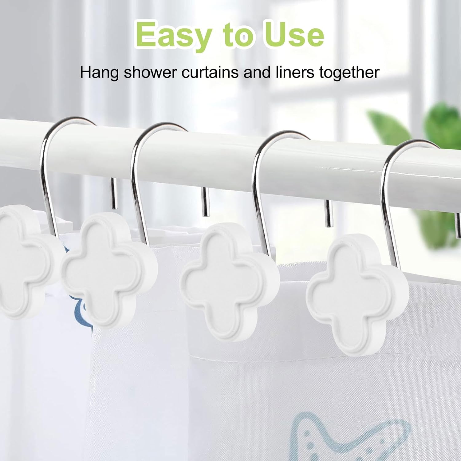 12Pcs Spring Leaves Shower Curtain Hooks Decorative Four-Leaf Clover Shower Rings for Curtain and Shower Rod Smooth Sliding S Shaped Hooks Hangers Bathroom Accessories (White)