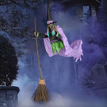 Halloween Flying Witch on Broom Decorations, 6 FT/10 FT Animated Hovering Witch Animatronics Holding Sweeper Props with Scary Sounds and Lights, House Decor for Outside Indoor Garden Yard Lawn 6 FT