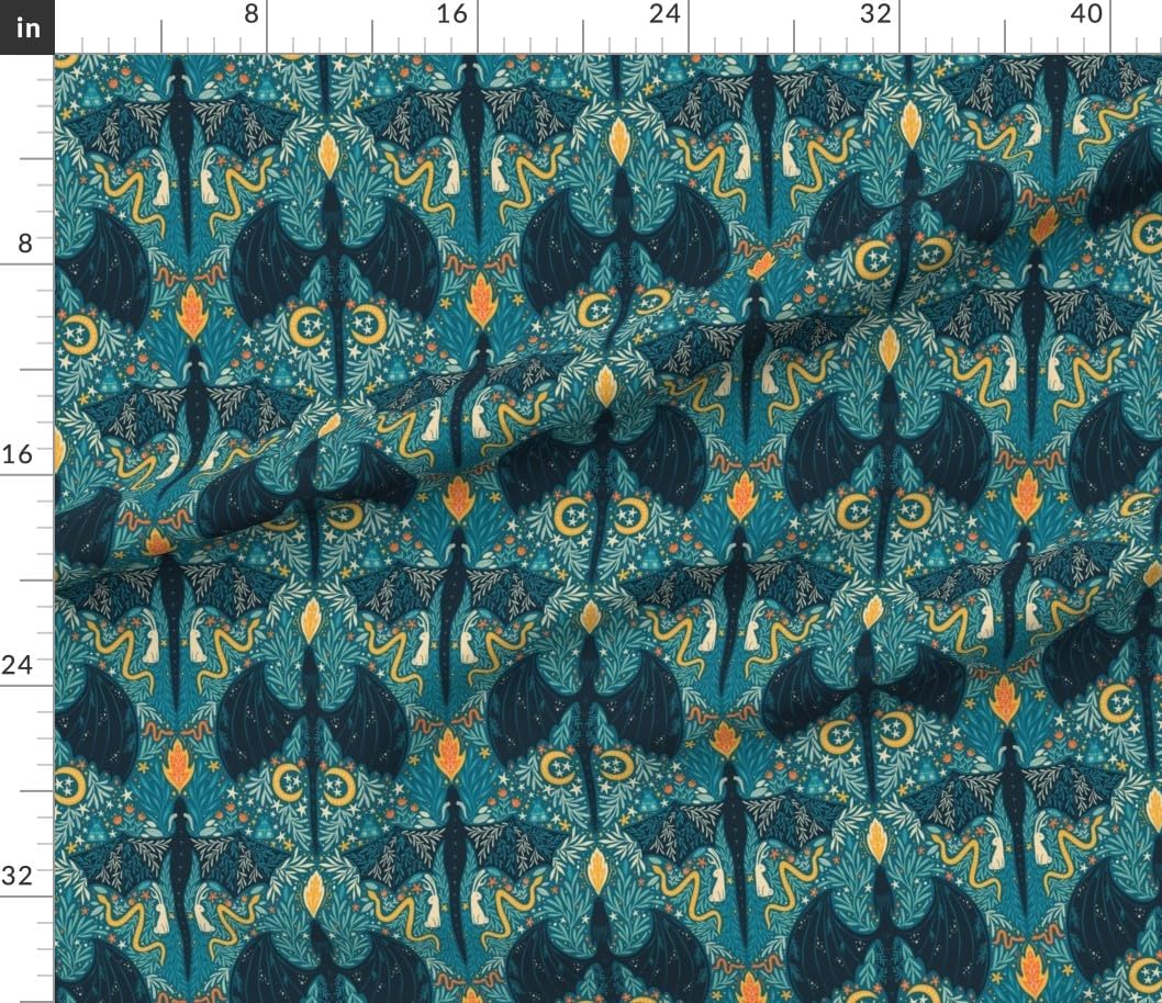 Spoonflower Fabric - Maximalist Whimsical Fairytale Enchanted Dragons Forest Colorful Moon Printed on Petal Cotton Fabric Fat Quarter - Sewing Quilting Apparel Crafts Decor