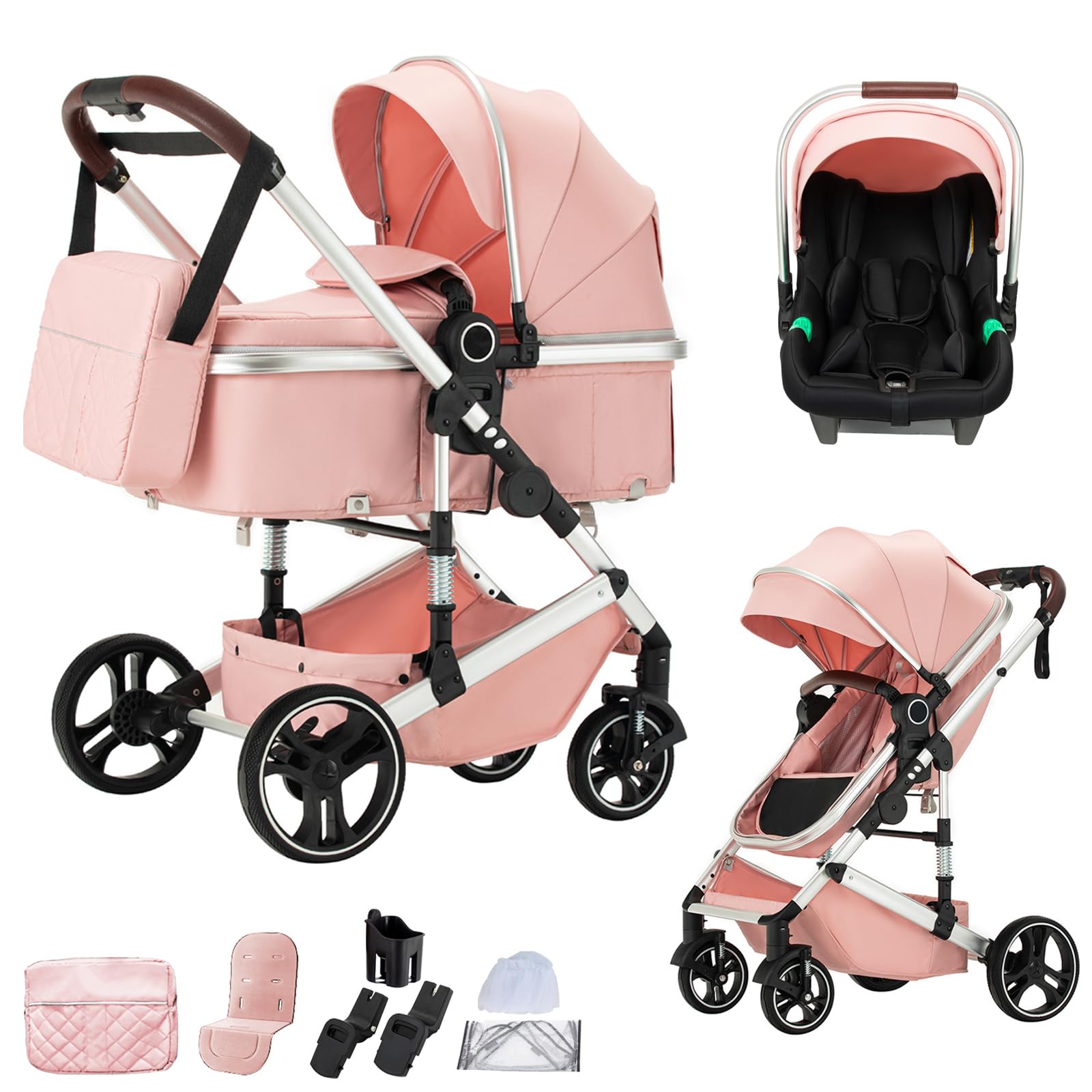 BEBBY BEBBY Cochecito de bebé 3 en 1,Carricoche Combinado Paisaje Alto Marco de Aluminio Para Recién Nacido0-22KG,Portátil Carrito Bebe 3 en 1 Con Asiento De (H9-PINK, H9)