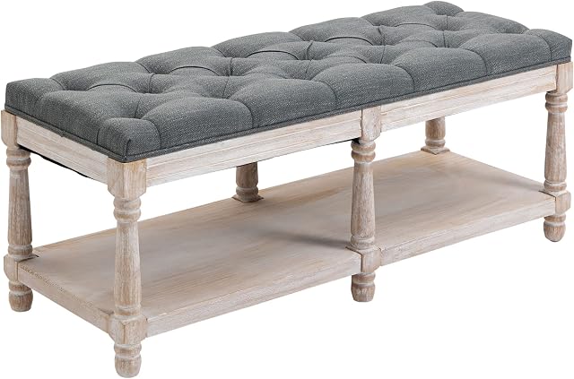 HOMCOM 2-Tier Bed End Bench, Vintage Stool, Wooden Window Seat with Storage Shelf, Button Tufted Upholstered Footstool for Living Room, Bedroom, Entryway, Grey