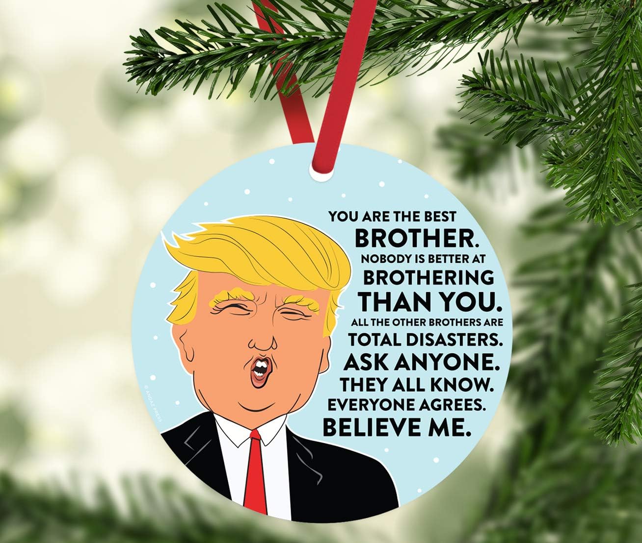 Andaz Press Natural Wood MDF Funny President Trump Christmas Ornament Gift, Best Brother, Brothering, 1-Pack, Includes Gift Bag and Ribbon, Novelty Ideas for MAGA Republican Democrats
