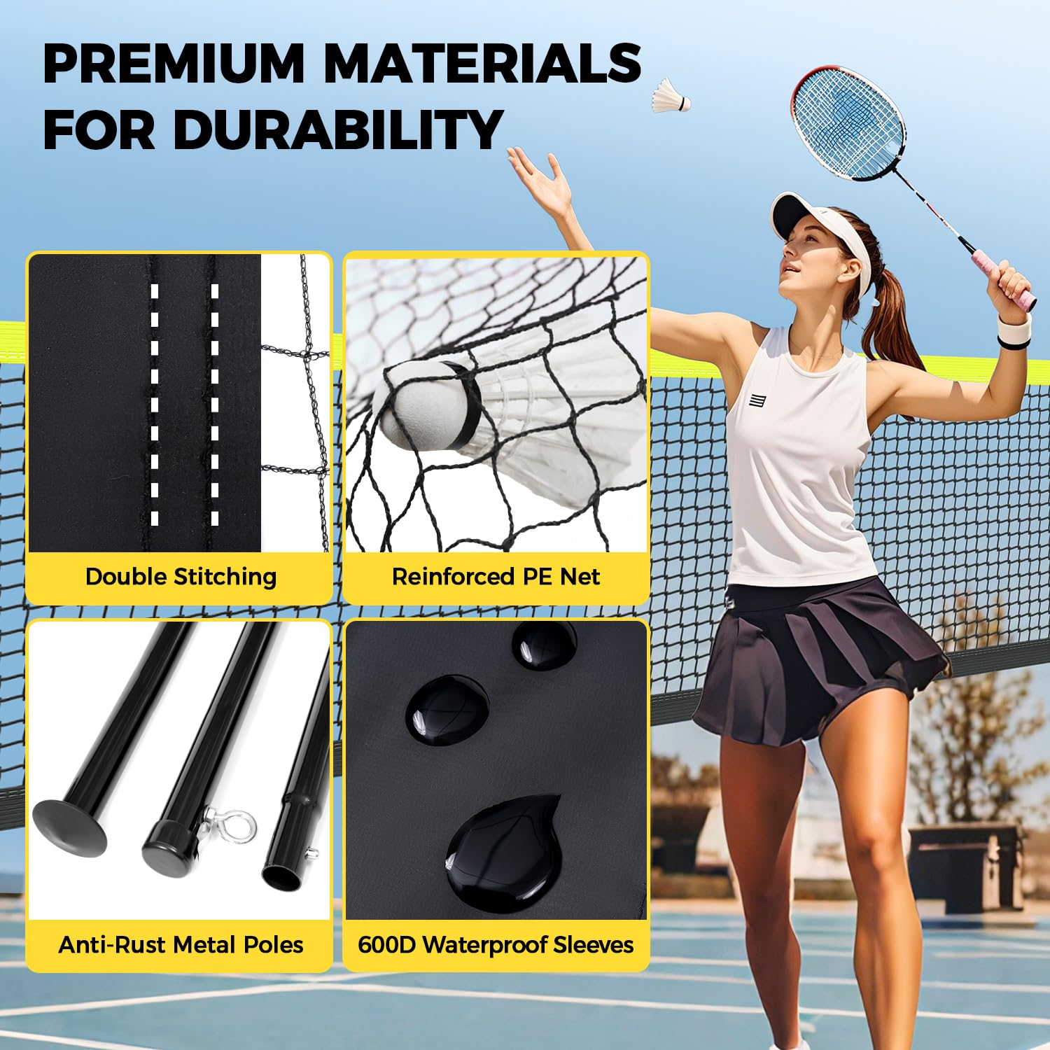 BAGAIL Professionelles Badmintonnetz-Set, TurnierschANDARD 6,1m x 1,55m, Allwettertauglich PE-Netz, 5-Minuten-Montage, Mit 4 Schlägern, 3 Schittern und Tragetasche