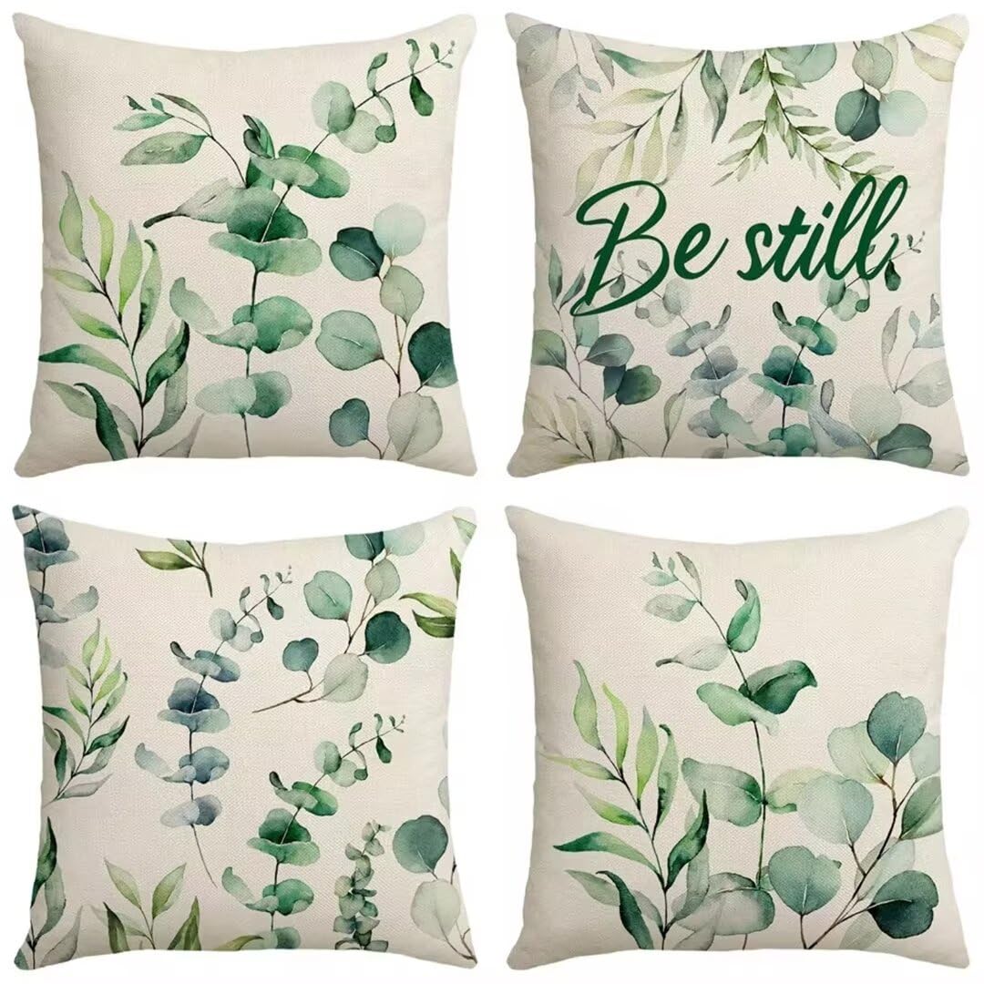 Housses de coussins en lin fermeture invisible lot de 4 plantes aquarelles taie douce 50x50
