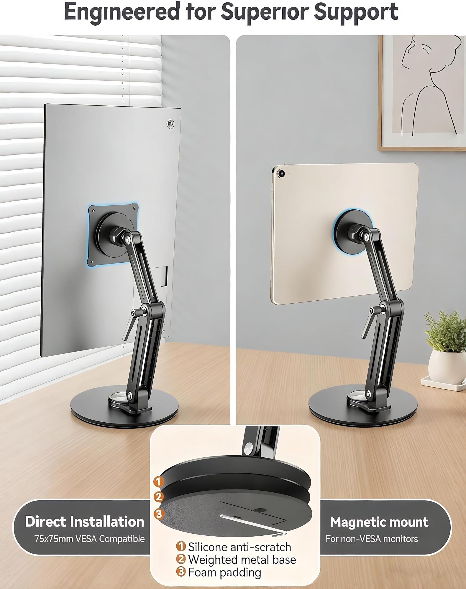 Support Tablette Écran Portable Magnétique Aluminium 360° Rotatif Pliable Réglable Compatible 4.7"-18.5" iPad Moniteur VESA 75mm