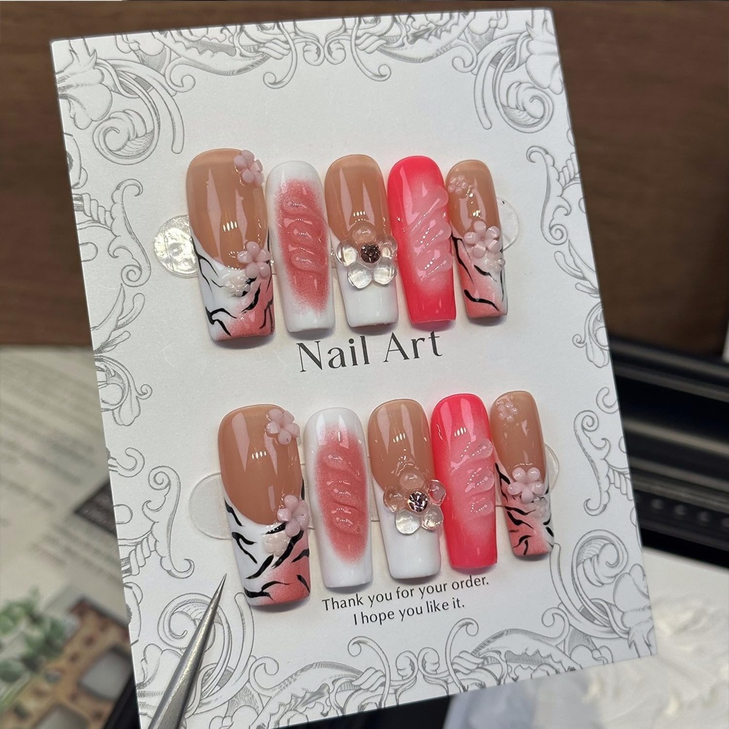 Handmade Press on Nails Long Square Shaped Fake Nails with 3D Rhinestones Flower Design Thick Acrylic and Muti-Layer Gel False Nails White French Tip