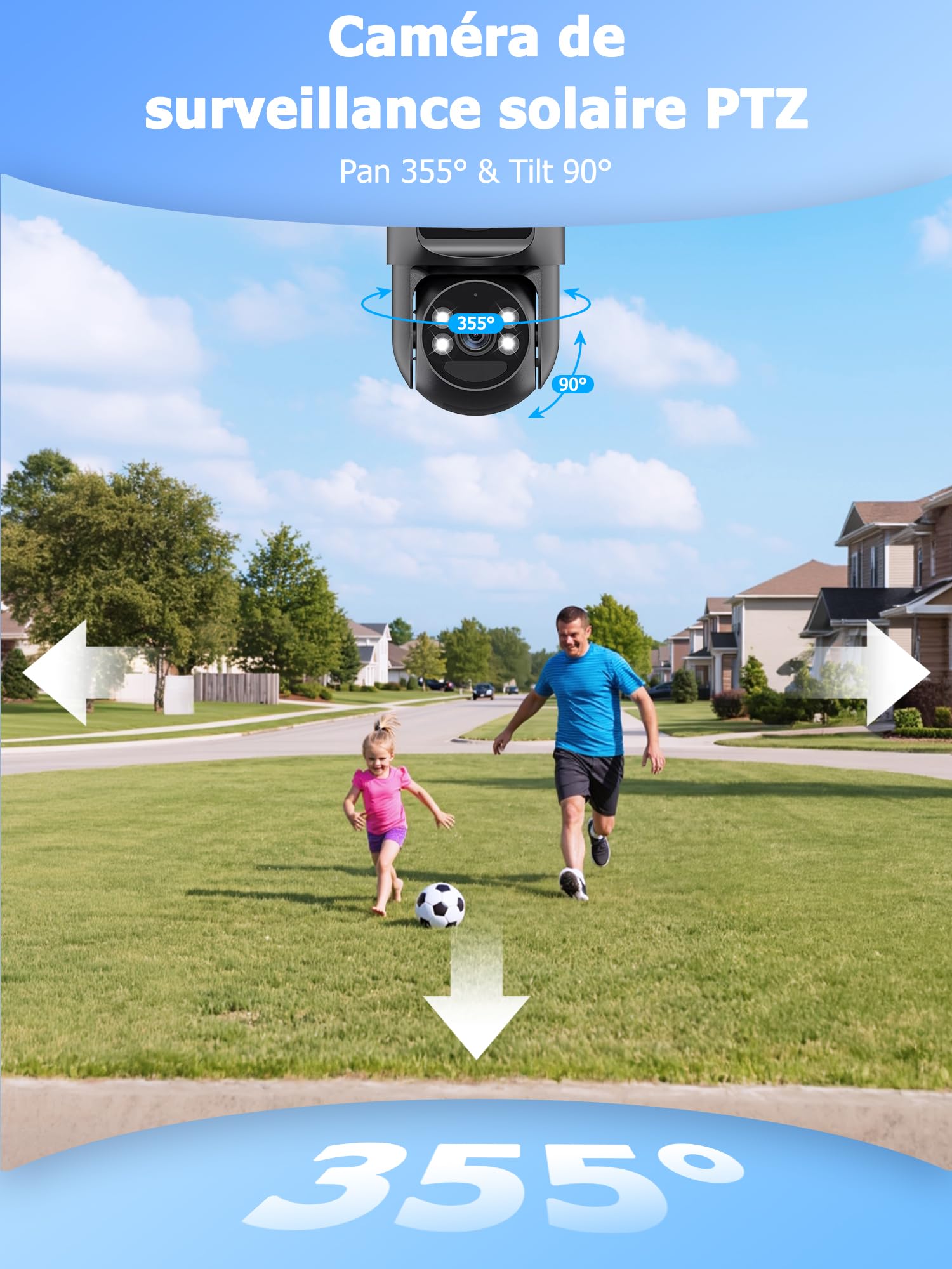 4K Camera Surveillance WiFi Exterieure sans Fil,AOV 24/7,Camera Solaire/Batterie 10000 mAh/Double Objectif,caméras de Surveillance Audio Bidirectionnel,360°PTZ Sécurité à Domicile,Suivi Automatique