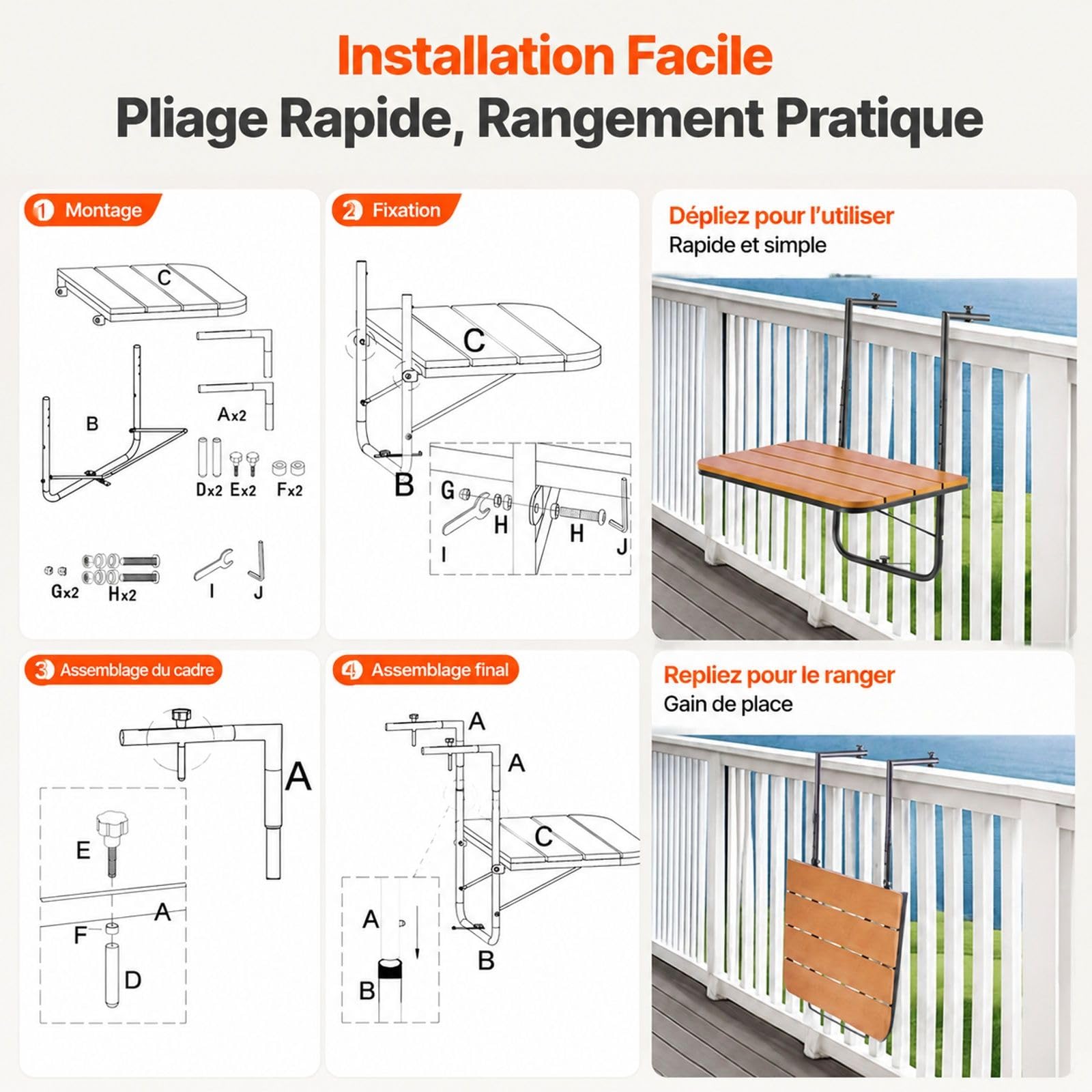 Table Suspendue pour Balcon avec Montage sur Balustrade, Table d’extérieur réglable pour Patio et terrasse