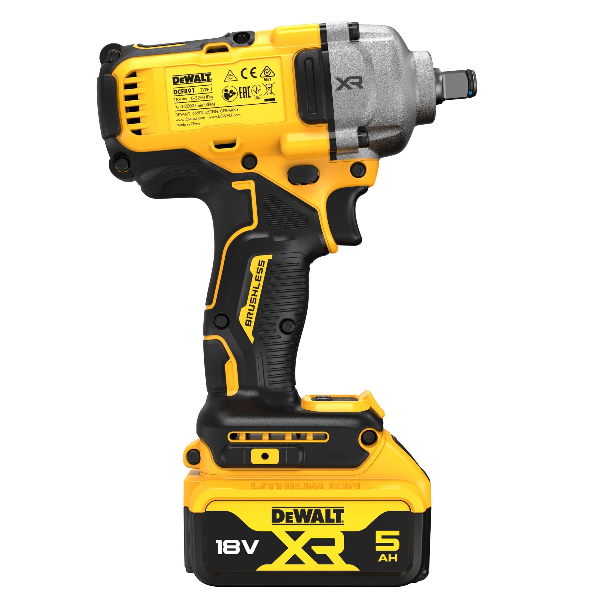 DEWALT Avvitatore a impulsi di fascia media 18V XR Brusless con 2 pacchi batteria XR 18V 5.0Ah e caricabatterie multitensione, DCF891P2T-QW