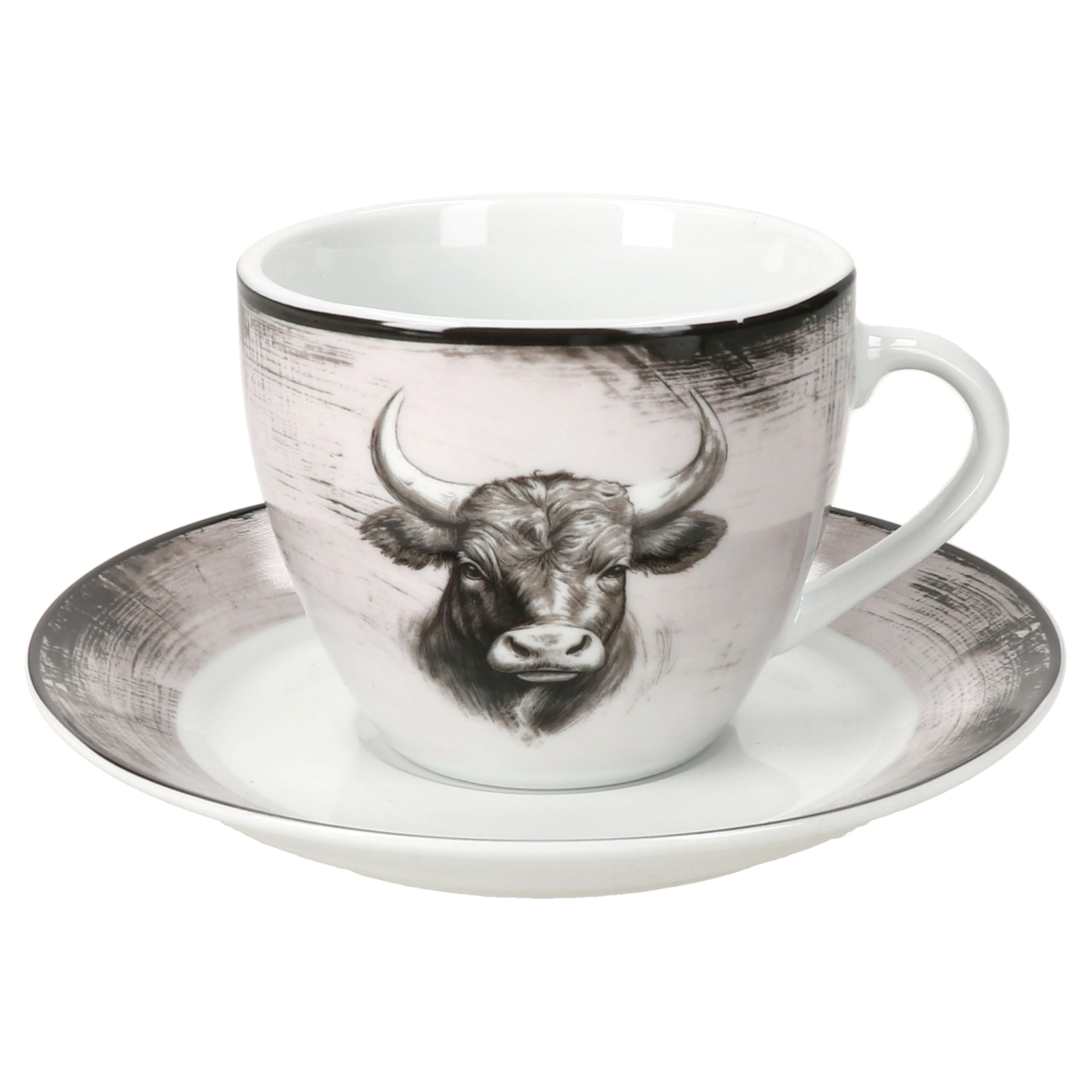 MamboCat Toro 18tlg Kaffeeservice I weiß-rosa Porzellan Geschirr mit Kuh Motiv für 6 Personen I Je 6X Tassen 200ml, Untertassen & Teller im Landhaus Stil für Frühstück & Kaffee