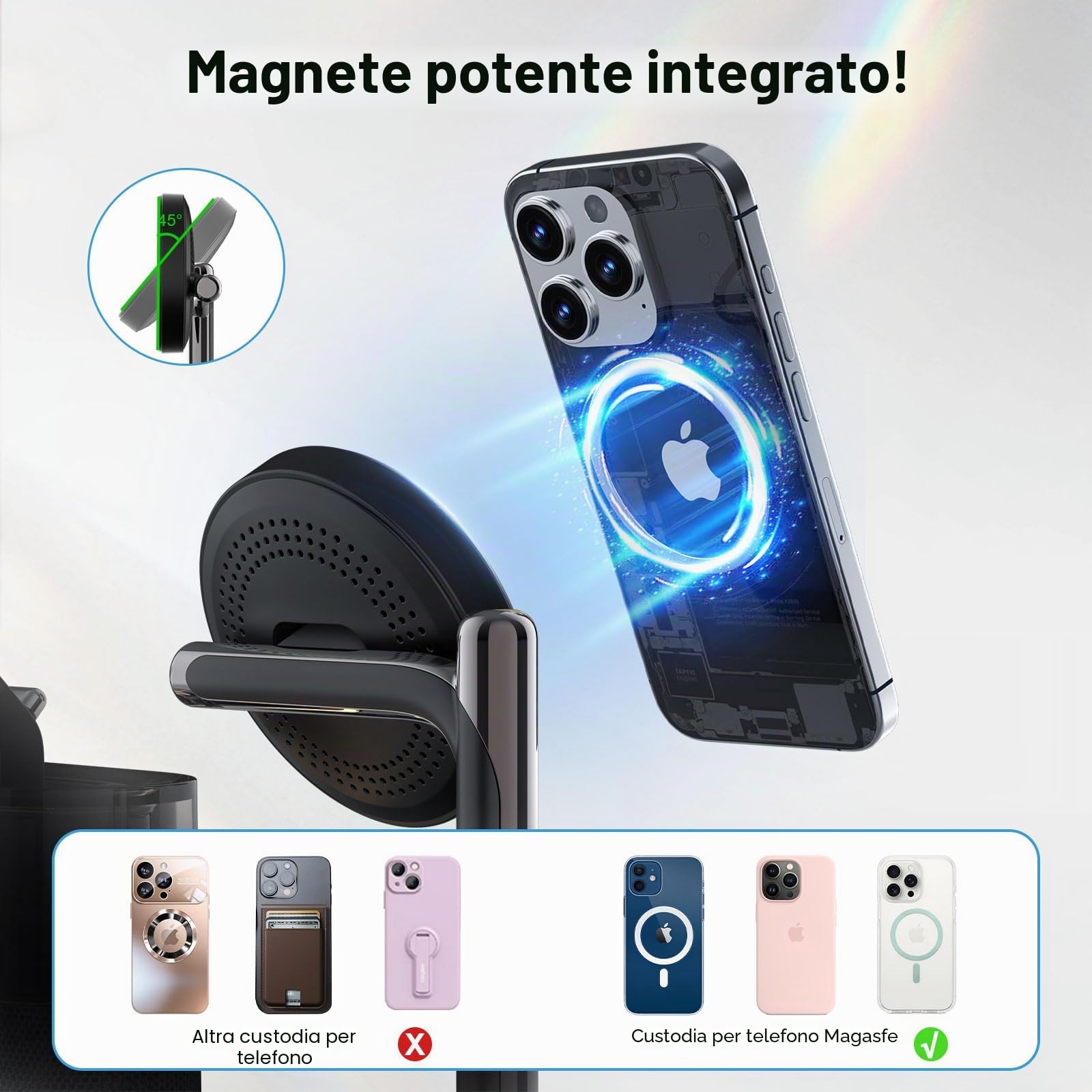 Caricabatterie wireless 5 in 1 con sveglia, stazione di ricarica wireless con luce notturna compatibile con iPhone 17 16 15 14 13 12 Pro Max, Apple Watch e auricolari con ricarica wireless (Nero)
