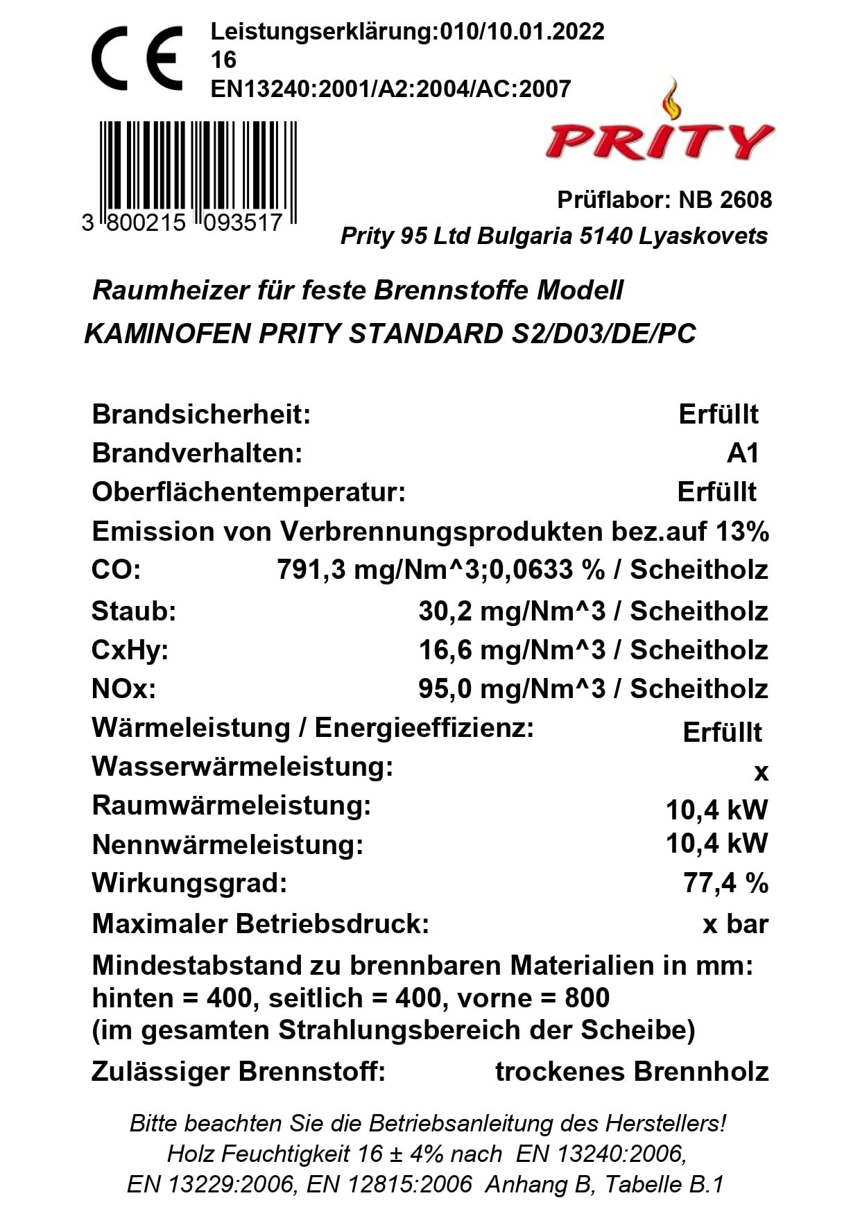 Prity Kaminofen 10 kW S2 mit Zusatztür und Kaminbesteck