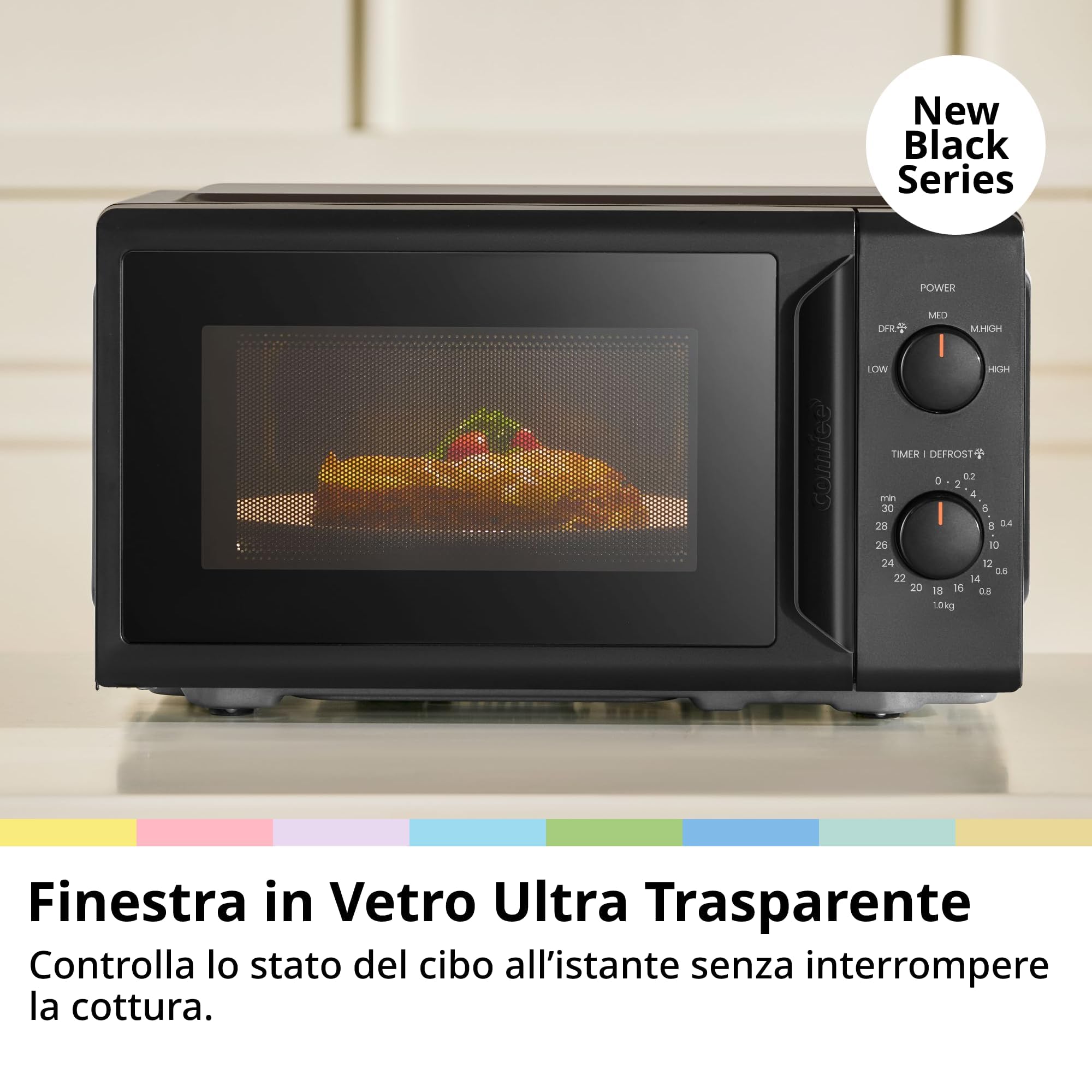 COMFEE' CMO-MP012ND(BK) Mini horno microondas de 20 L y 700 W, color negro, con ventana grande, diseño compacto, función de descongelación rápida, 5 niveles de potencia