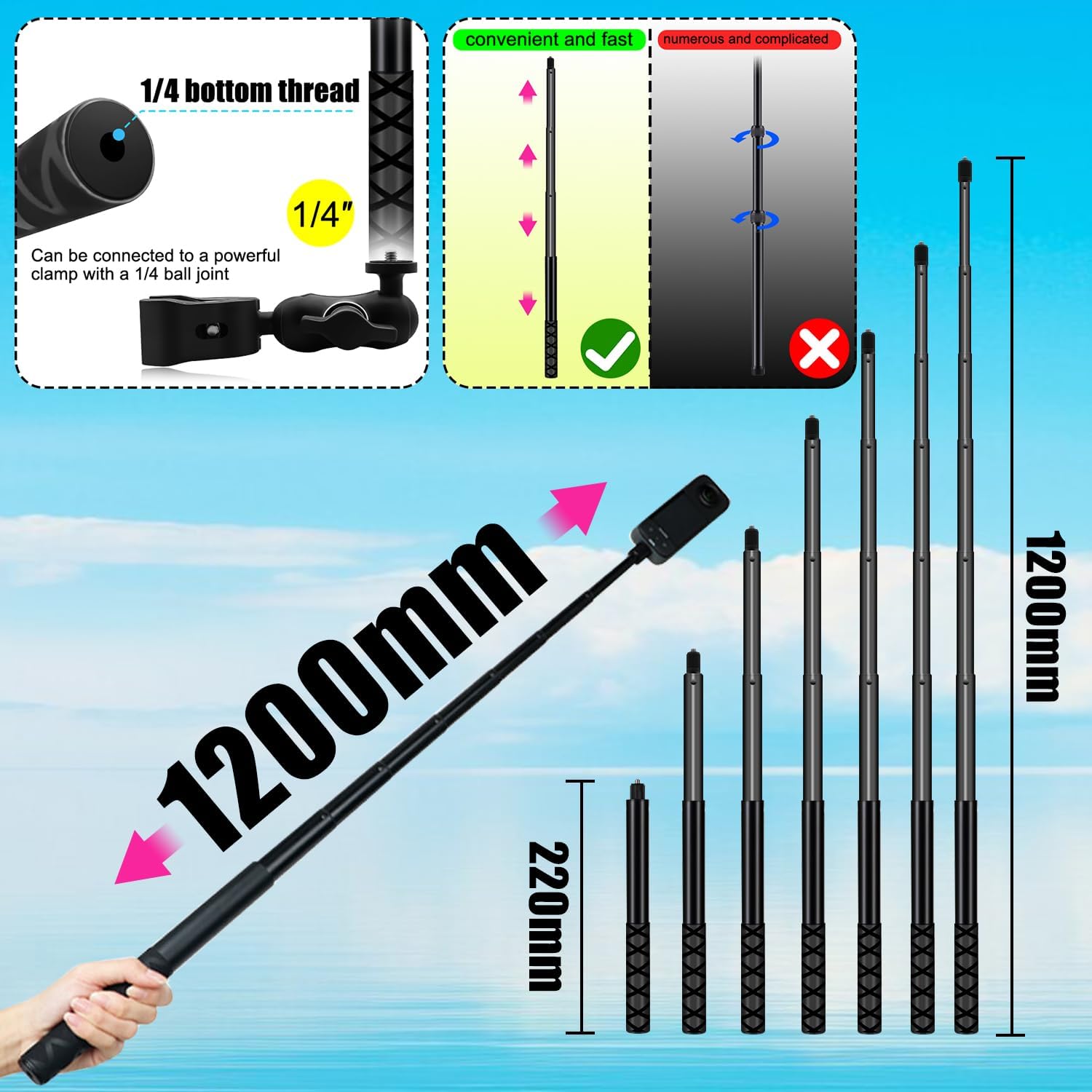 Motorcycle Mount Kit with 47" Invisible Selfie Stick Compatible for Insta 360 X5 X4 X3 X2 X RS GO 3 Heavy-Duty Double Clamp Camera Bike ATV RV Mount Kit Compatible for Gopro 13-8, Osmo 360, Osmo Nano