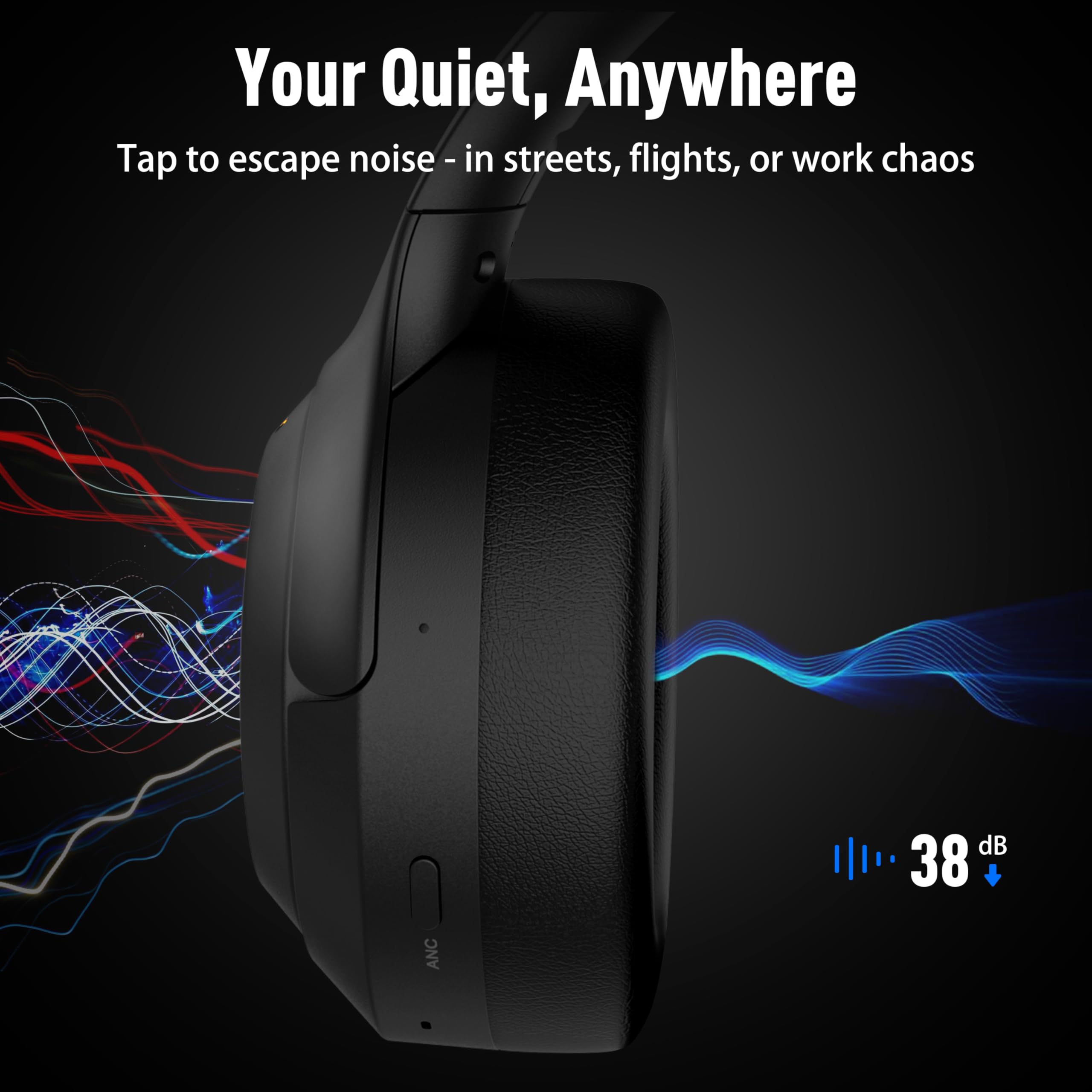 Riwbox Cuffie ibride con cancellazione attiva del rumore, cuffie Bluetooth over-ear, 60 ore di riproduzione, audio ad alta risoluzione, pieghevoli, Bluetooth V5.4, comfort e immersione per lavoro